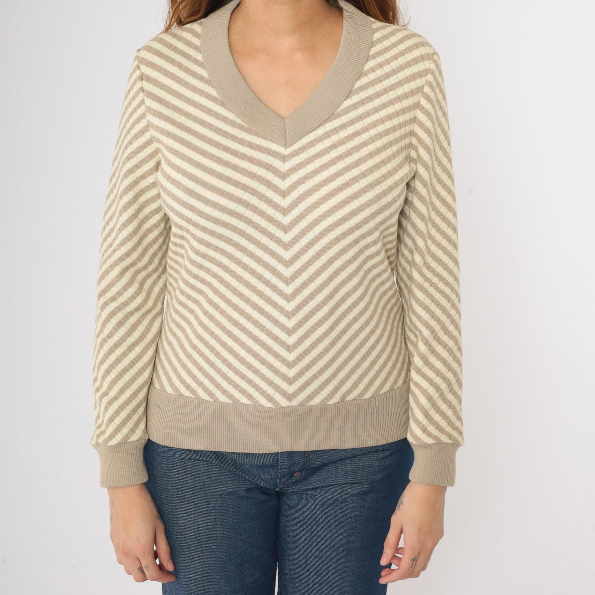 70s Tan Chevron Striped V-Neck Sweater Wool Blend Knit Small Medium