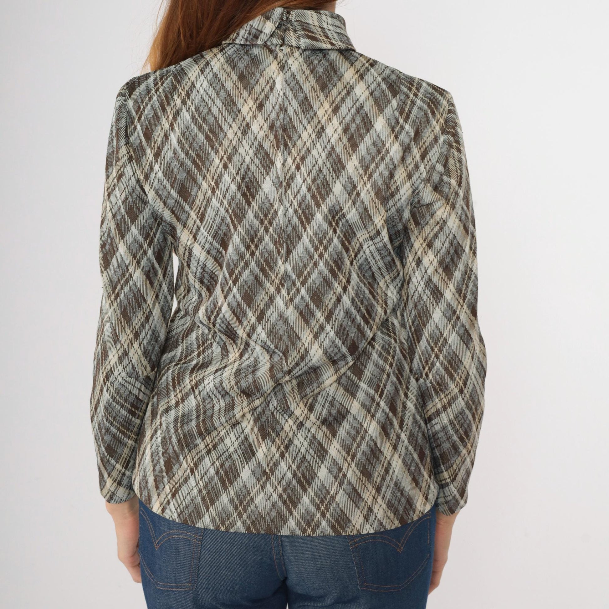 70s Brown Grey Plaid Turtleneck Shirt Long Sleeve High Neck Medium M