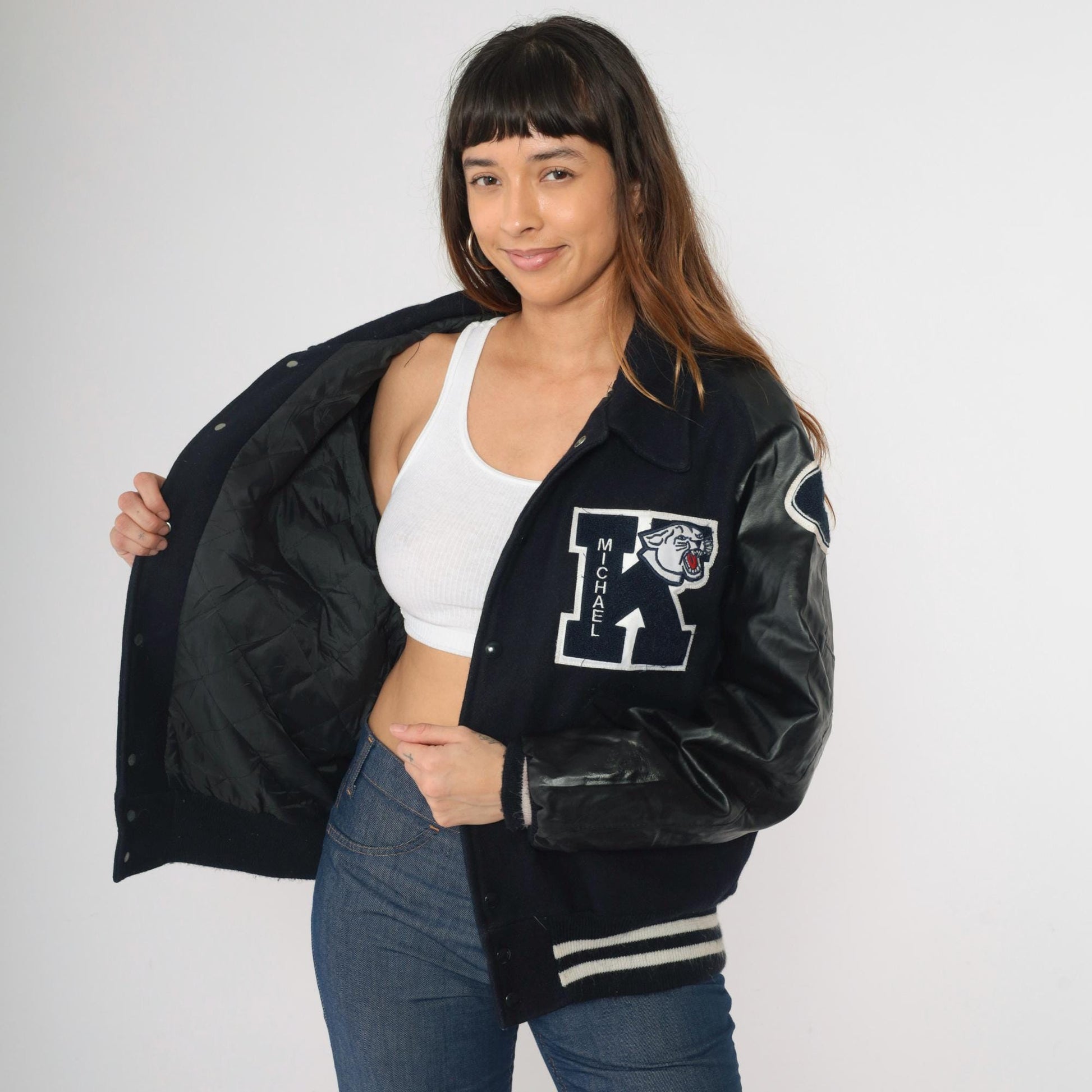 90s DeLong Kimbrough Cougars Varsity Jacket Navy Wool Vinyl Medium M