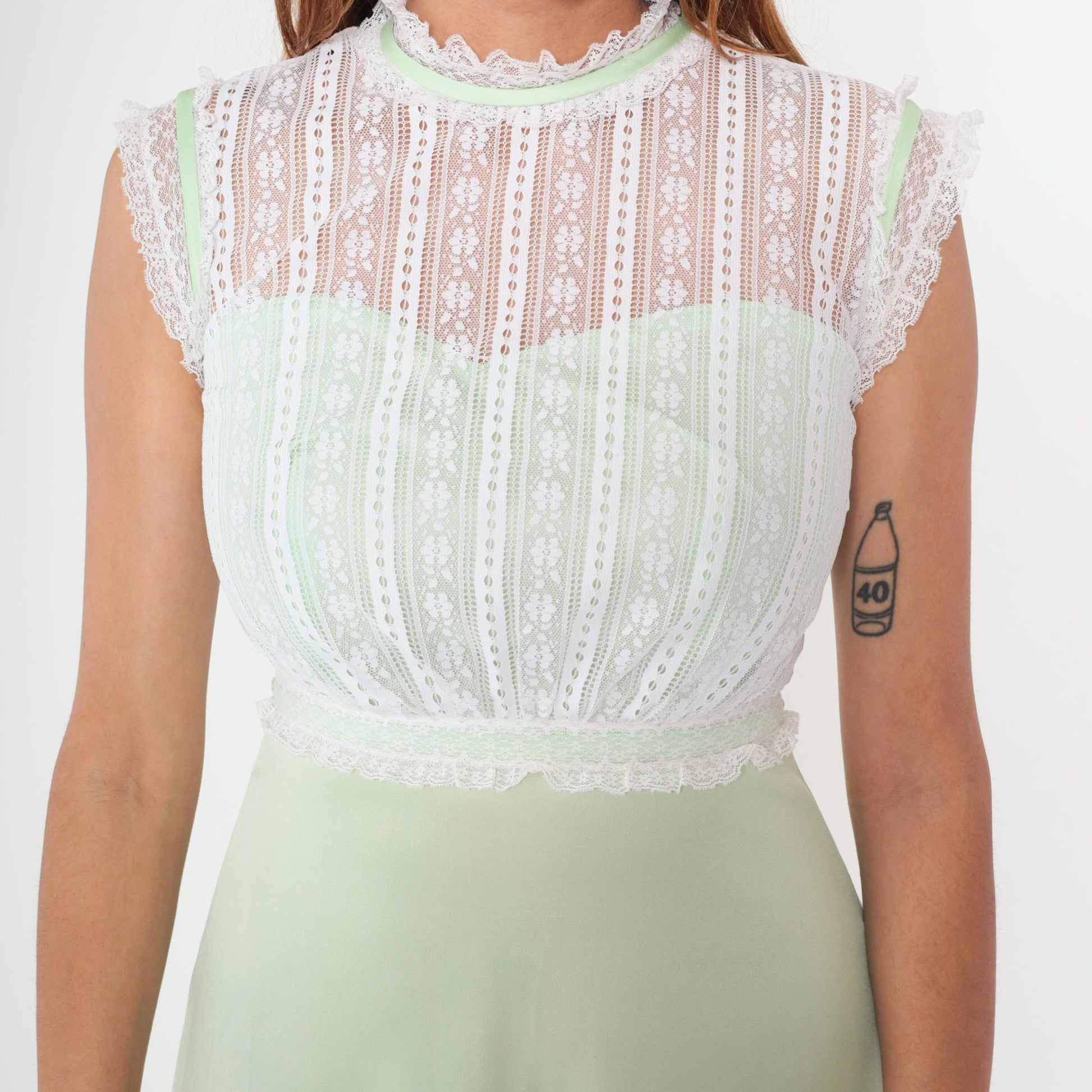 70s Pastel Green Maxi Gown White Lace High Neck Cap Sleeve Extra Small