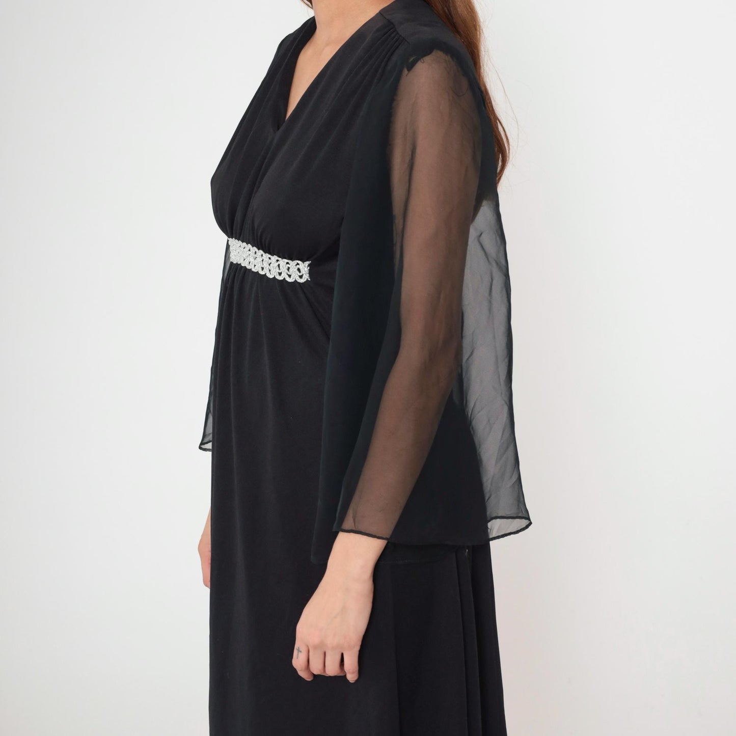 70s Black Chiffon Angel Sleeve Maxi Dress Silver Trim Empire Waist Medium