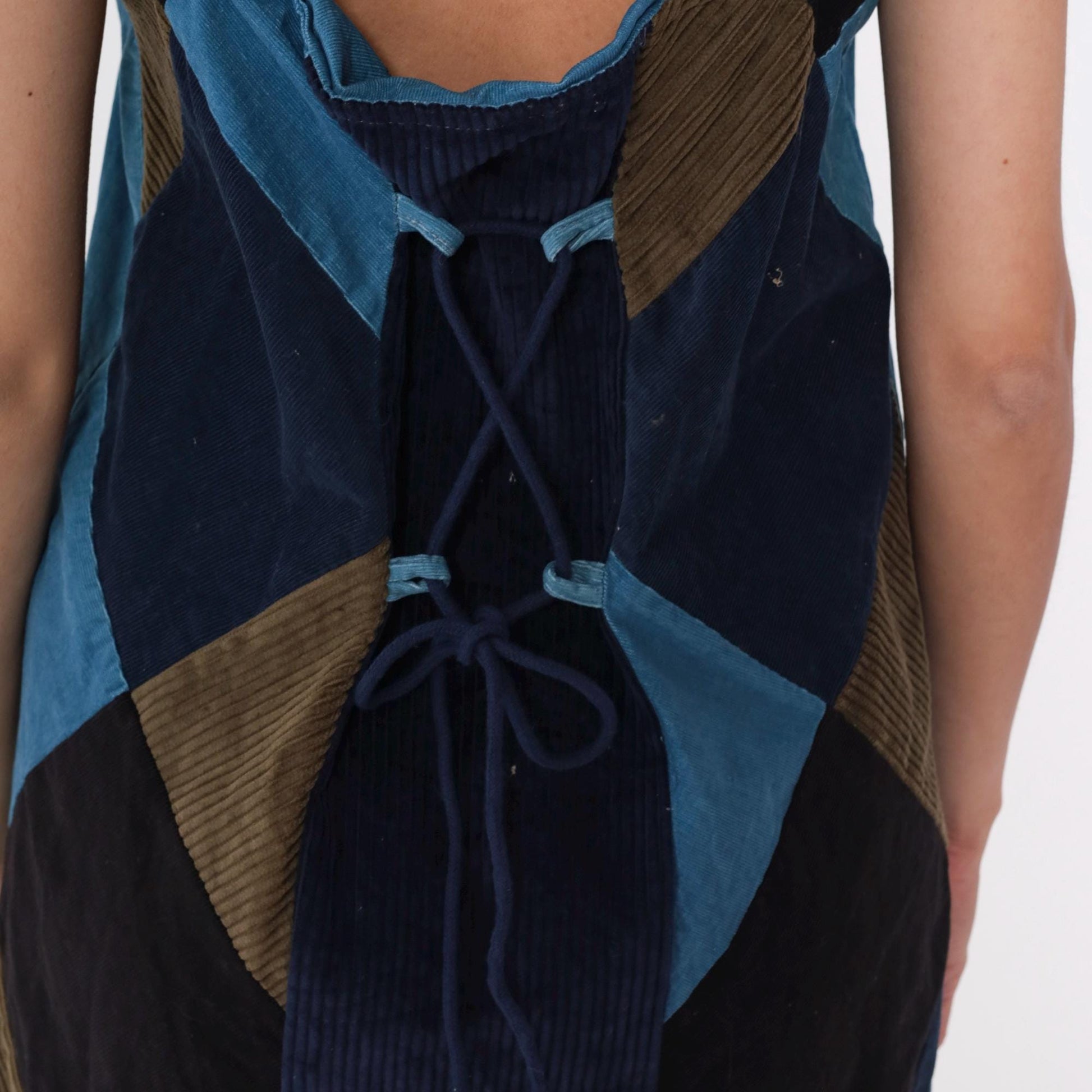 90s Blue Patchwork Corduroy Midi Dress Sleeveless Lace-Up Back Medium