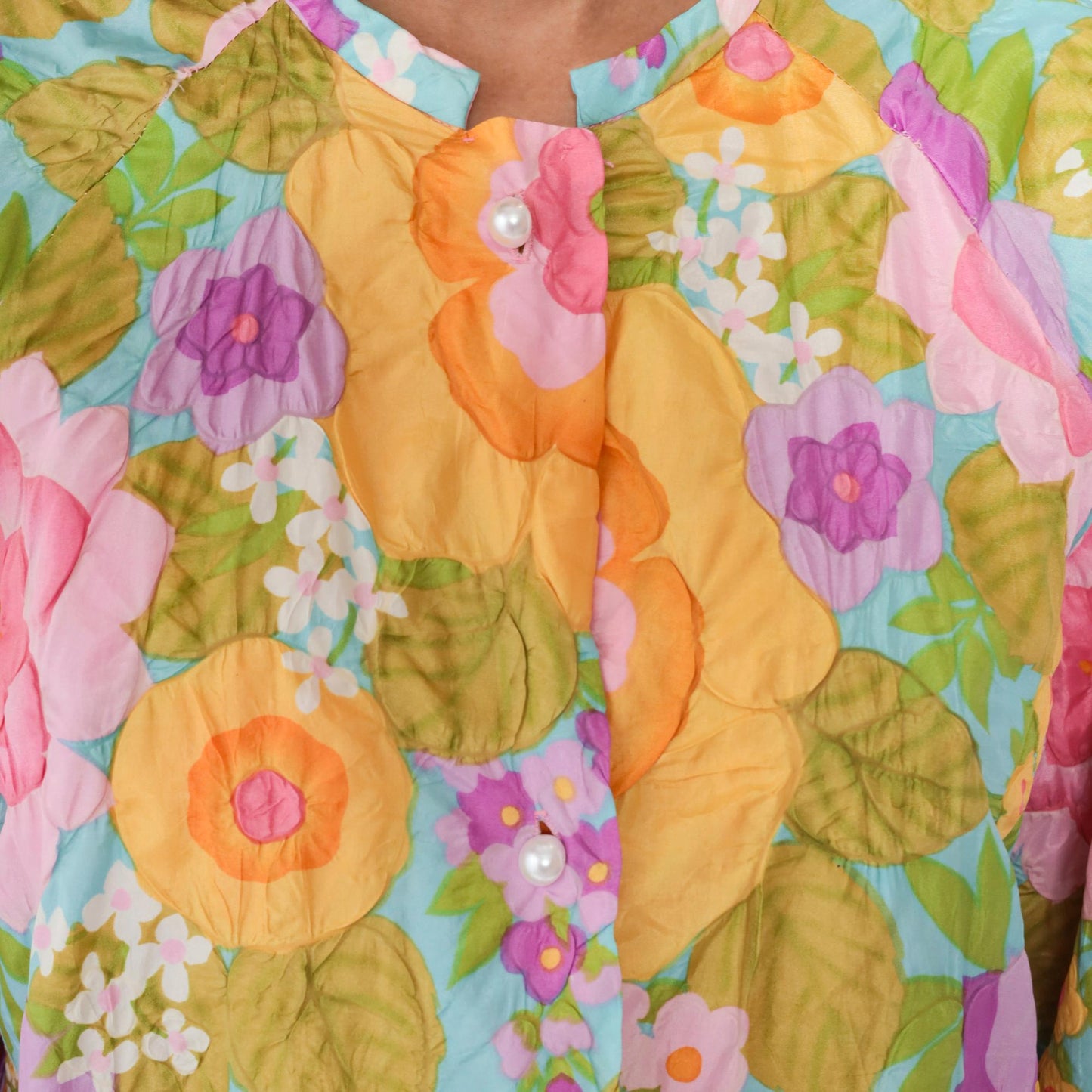 1970s Stella Faquin Quilted Floral Housecoat Pink Yellow Button-Up Robe Large