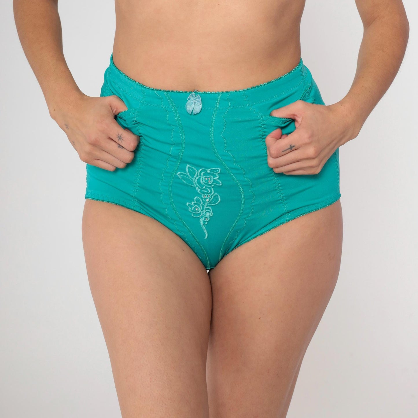 Y2K High-Waisted Teal Green Embroidered Rhinestone Briefs Shapewear Extra Large XXL