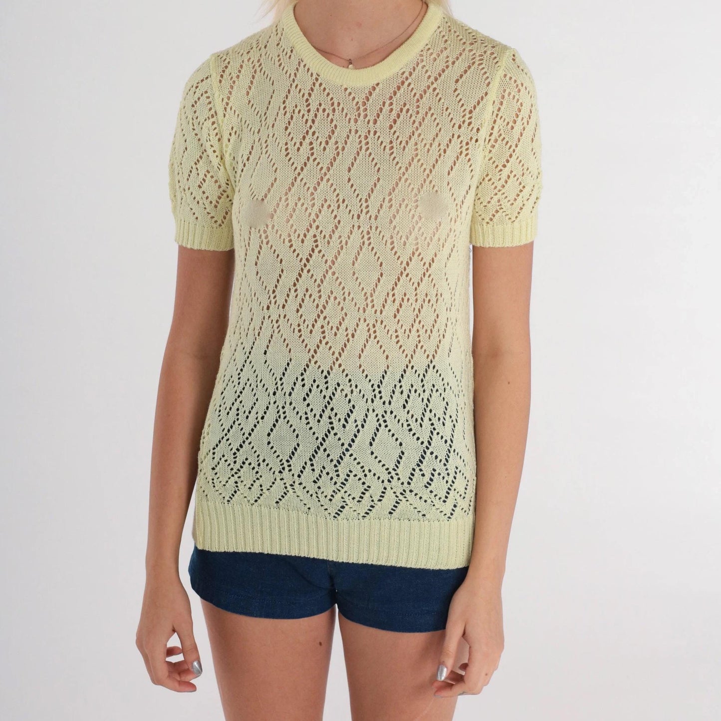70s Yellow Pointelle Knit Top Short Sleeve Cutout Blouse Extra Small XS
