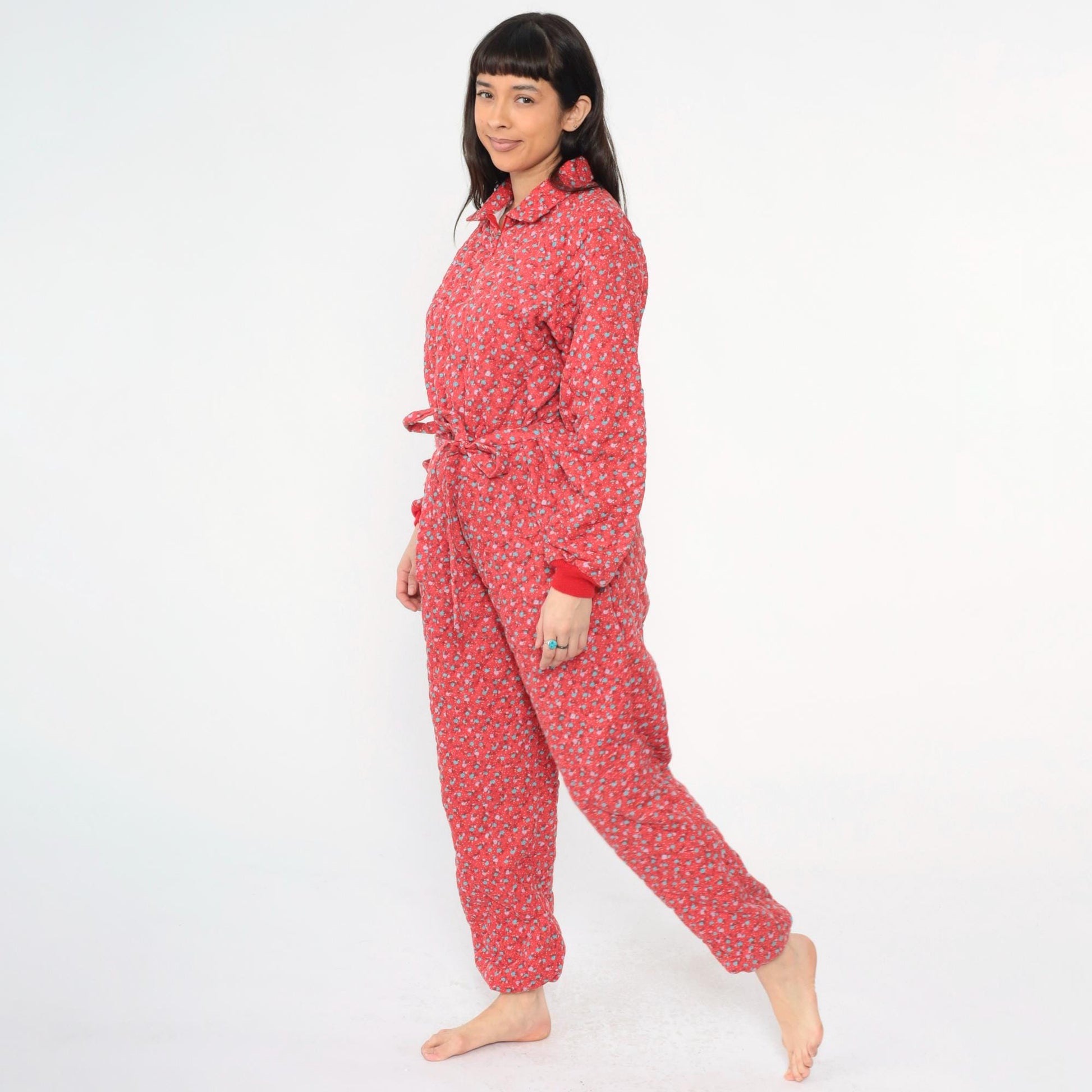 80s G. Caserotti Quilted Floral Jumpsuit Red Calico Raglan Pajama Medium Large