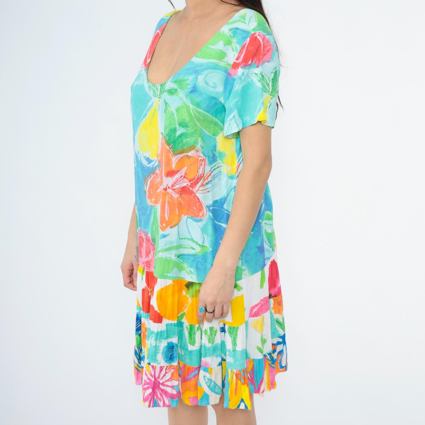 Jams World Tropical Watercolor Floral Dress Scoop Neck Tiered Skirt Extra Large