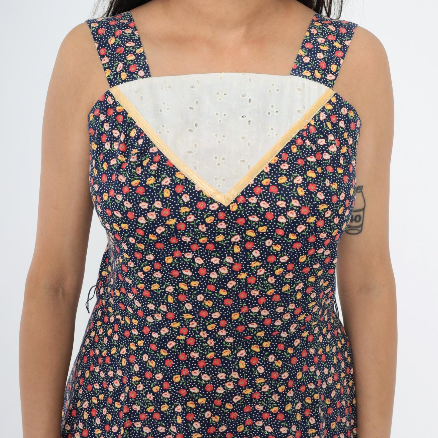 70s Navy Floral A-Line Dress Eyelet Lace Inset Sleeveless Knee Small