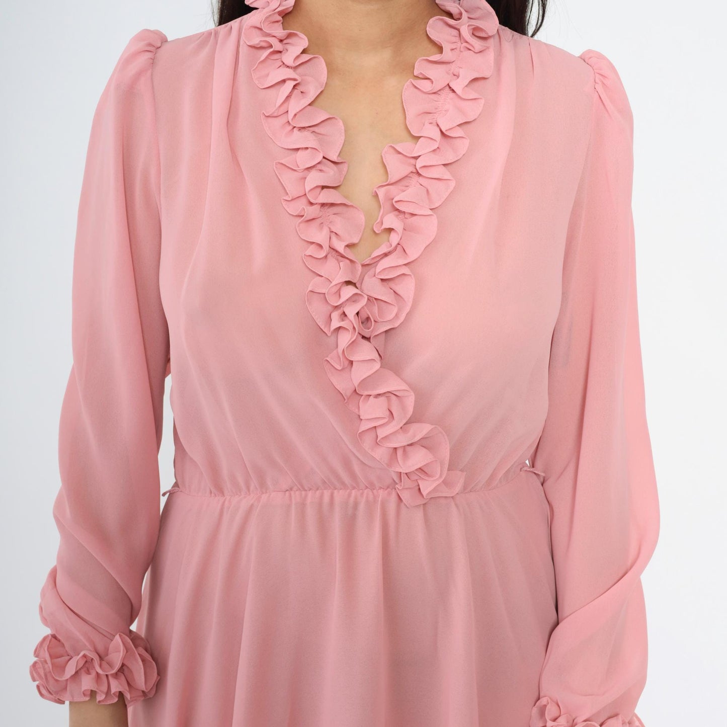 70s Ursula of Switzerland Pink Ruffle Midi Dress V-Neck Long Sleeve Medium M