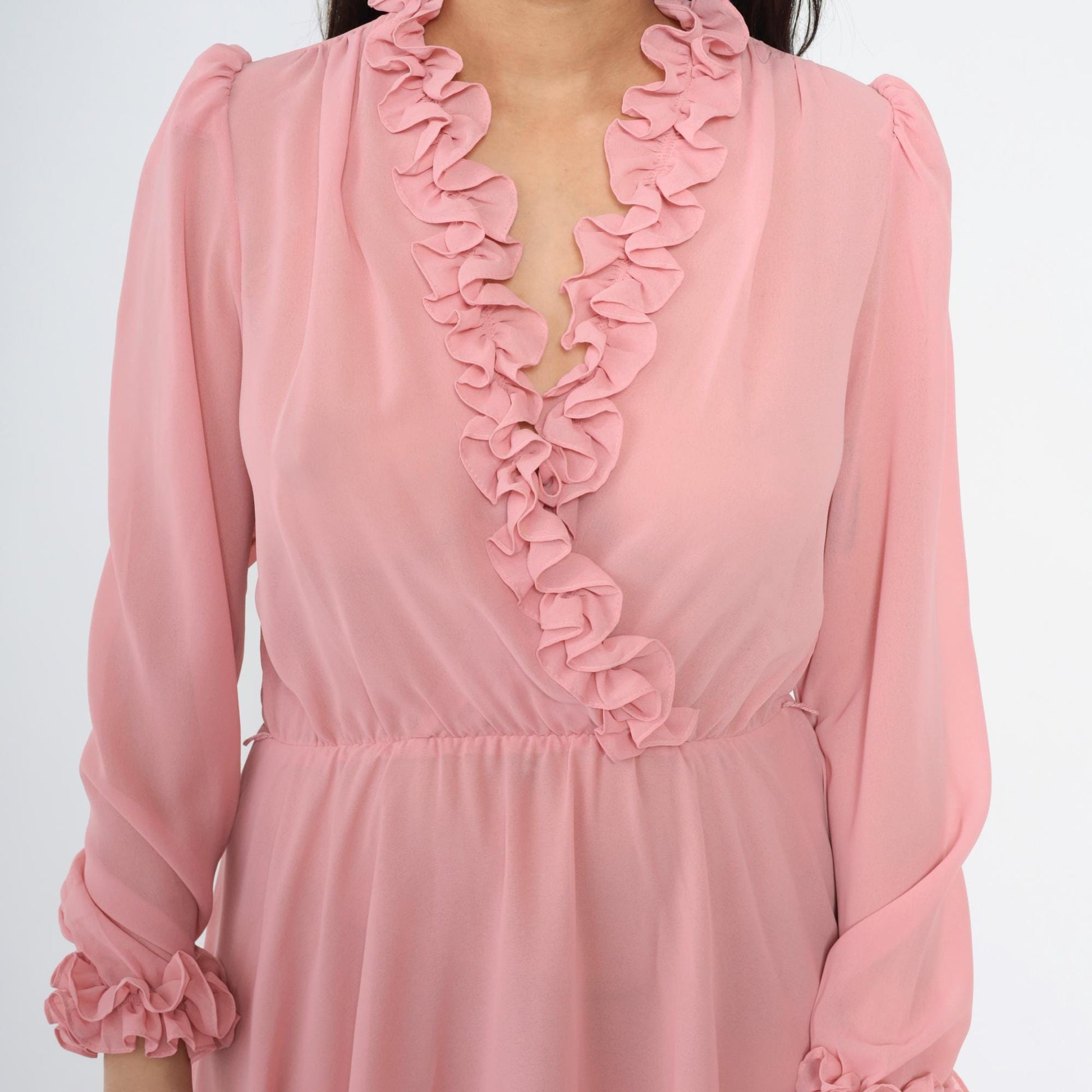 70s Ursula of Switzerland Pink Ruffle Midi Dress V-Neck Long Sleeve Medium M