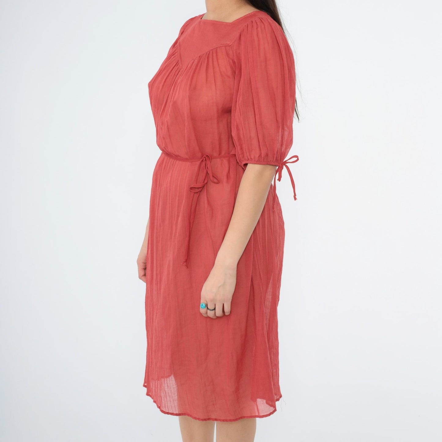 70s Red Cotton Gauze Trapeze Dress Puff Sleeve Midi Small Medium