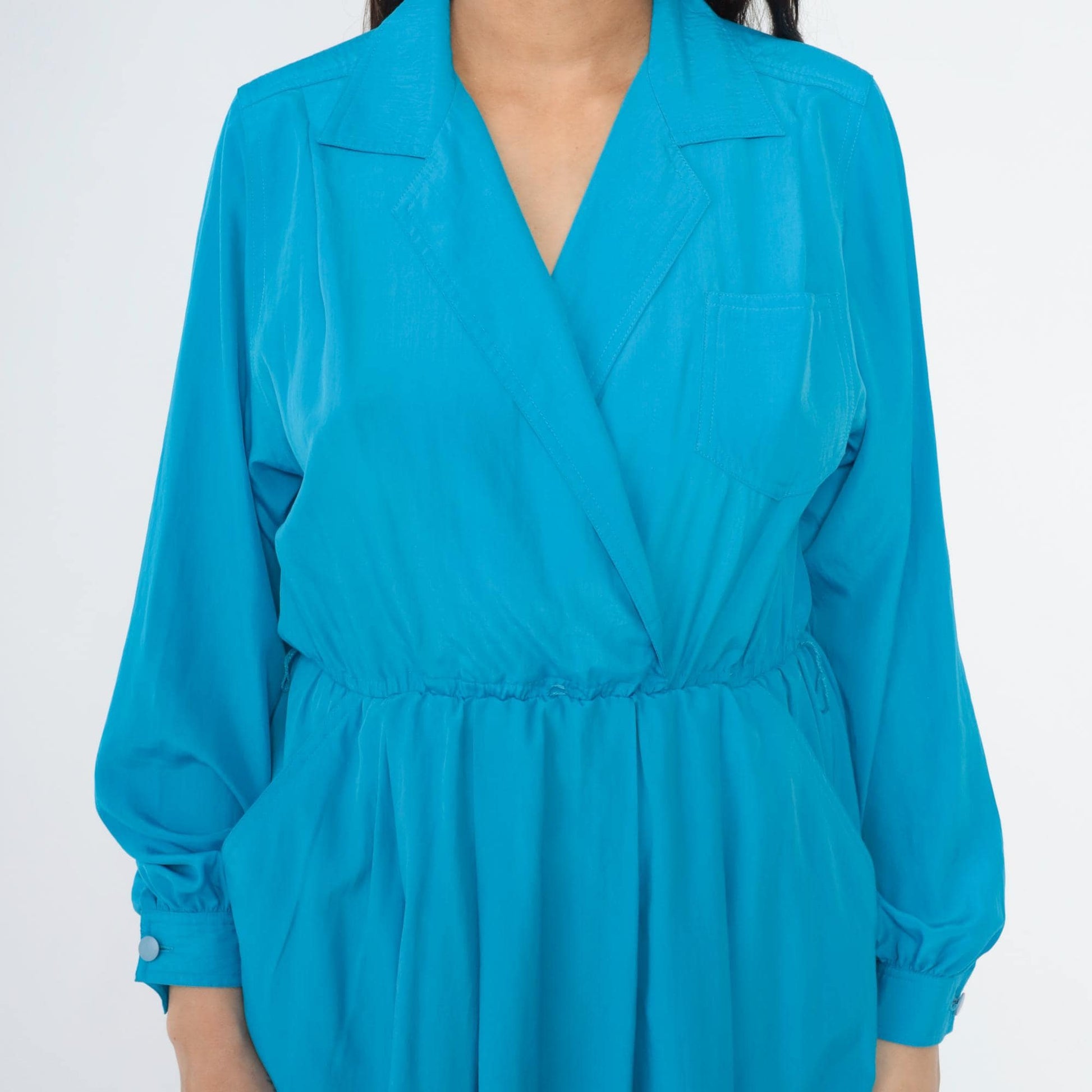 80s Leslie Fay Blue Midi Shirtdress Faux Wrap Collared Long Sleeve Medium
