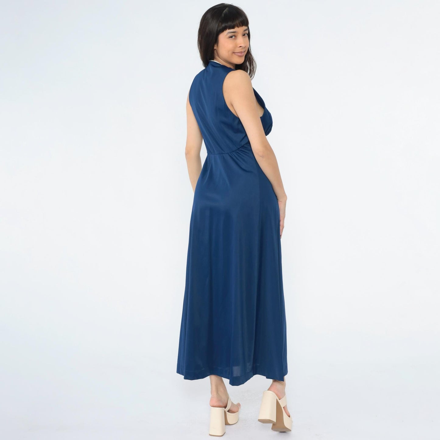 70s Vanity Fair Dark Blue Nylon Maxi Slip Dress Empire Waist Cutout Medium