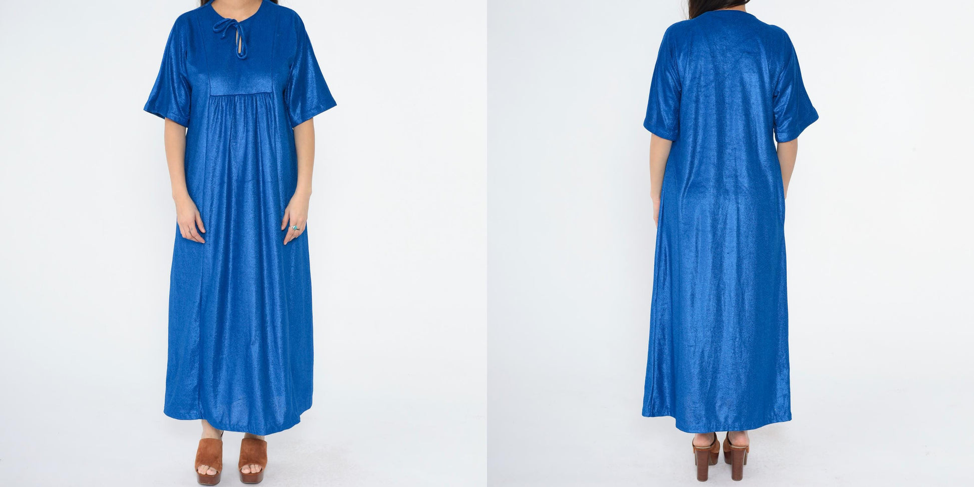 70s Paulette New York Terry Cloth Caftan Maxi Dress Royal Blue Keyhole Medium