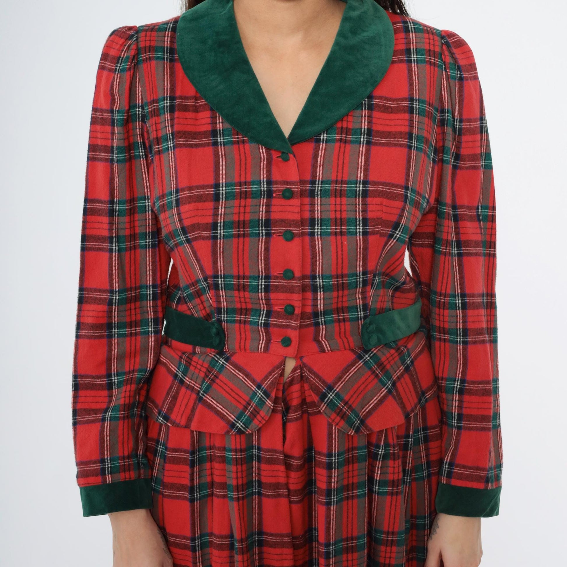 80s Lanz Originals Red Tartan Velvet Trim Peplum Midi Dress Medium 8