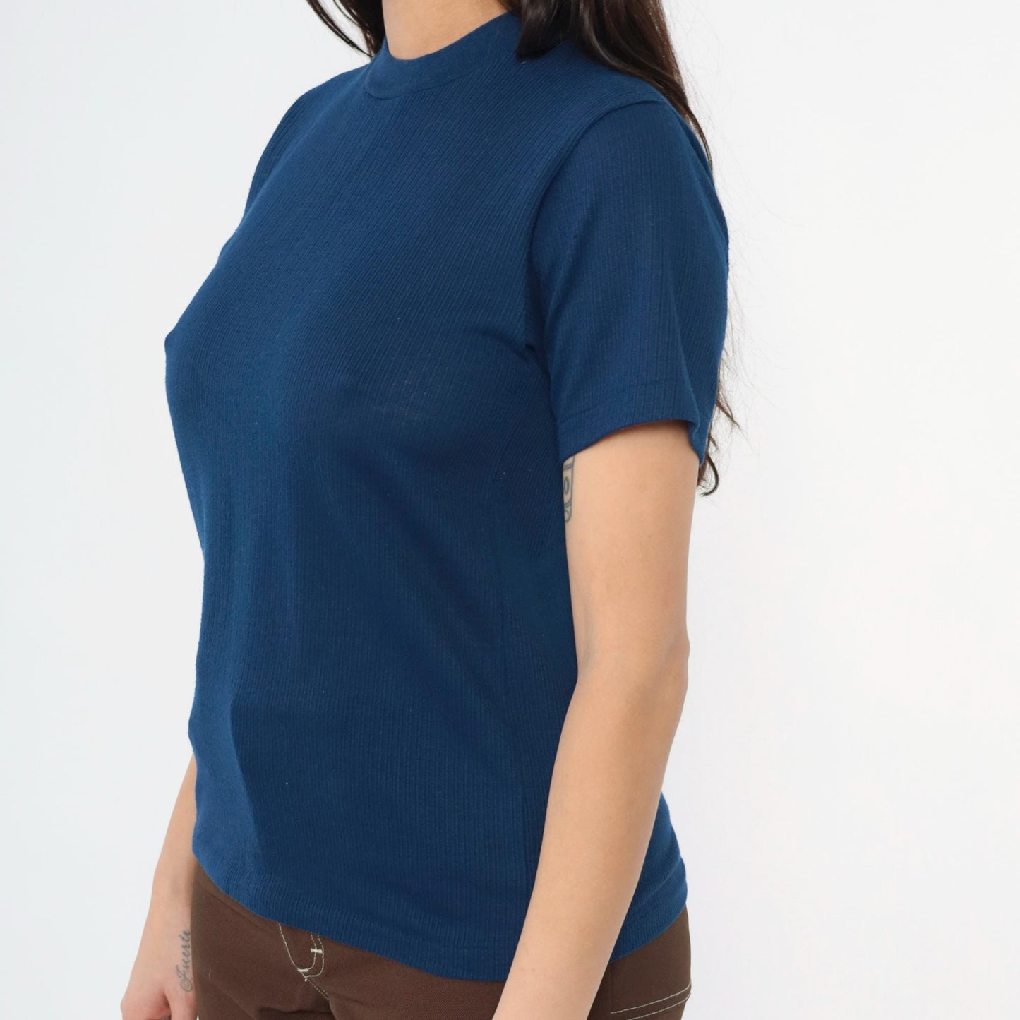 70s Navy Ribbed Knit Crewneck Short Sleeve Top Small