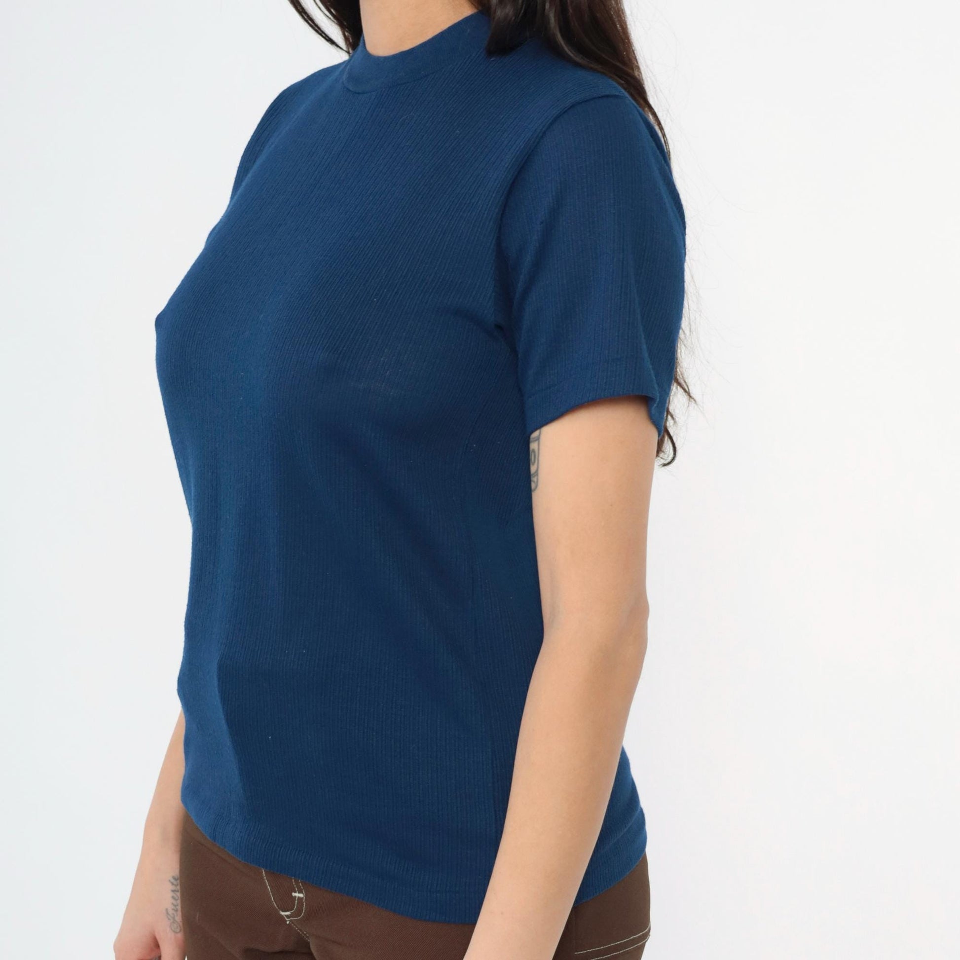 70s Navy Ribbed Knit Crewneck Short Sleeve Top Small