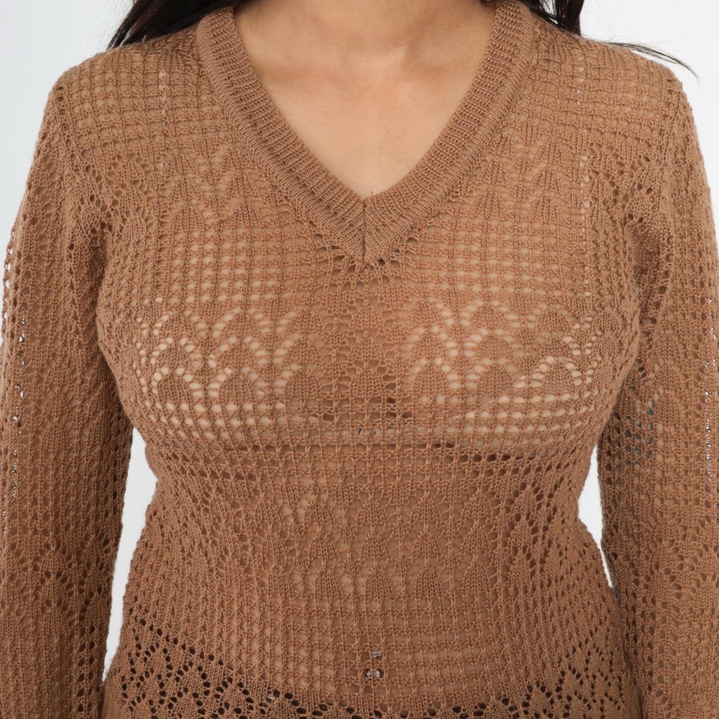 70s Empire Knitwear Sheer Brown Pointelle V-Neck Sweater Long Sleeve Extra Small