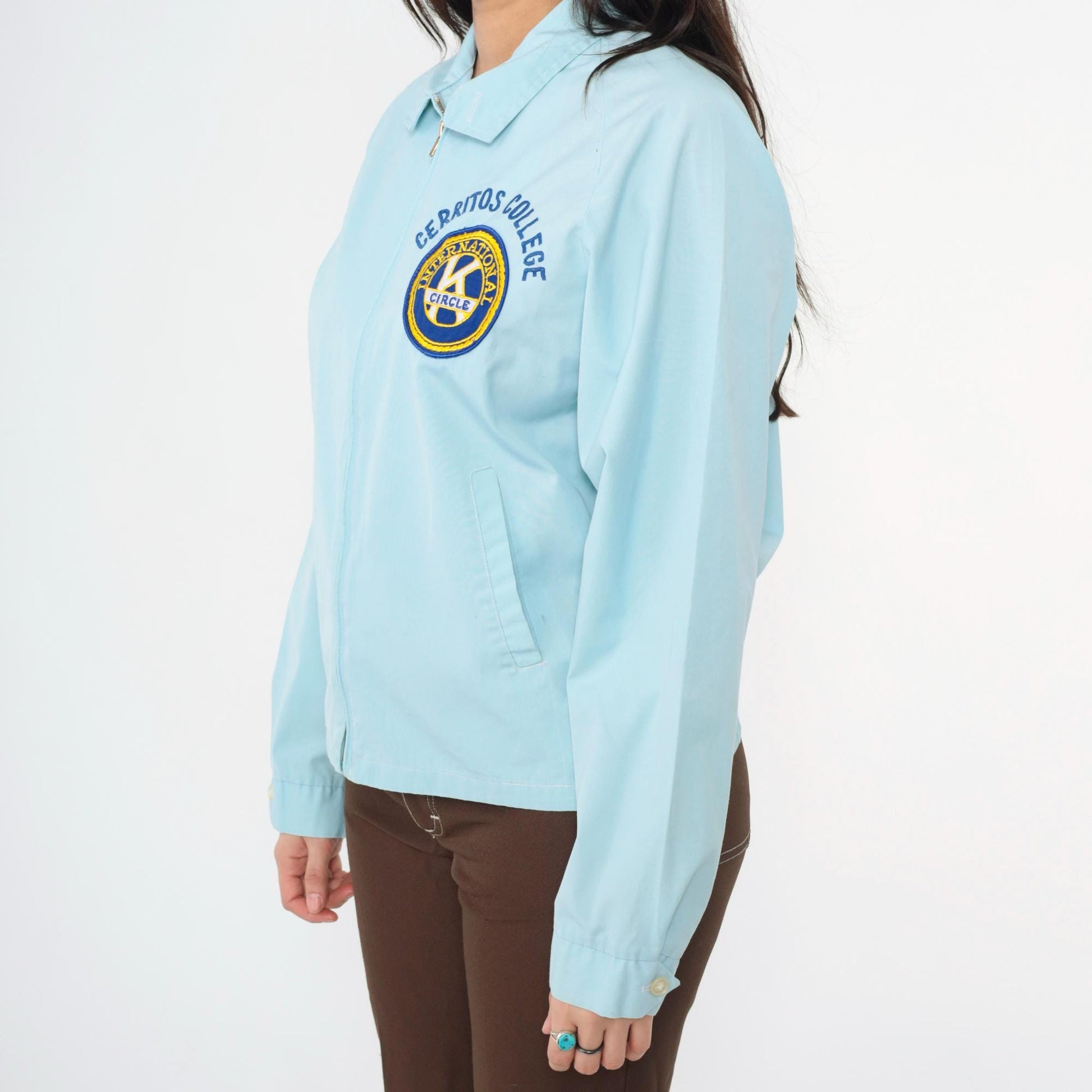 70s Cerritos College Circle K Windbreaker Jacket Baby Blue Raglan Medium