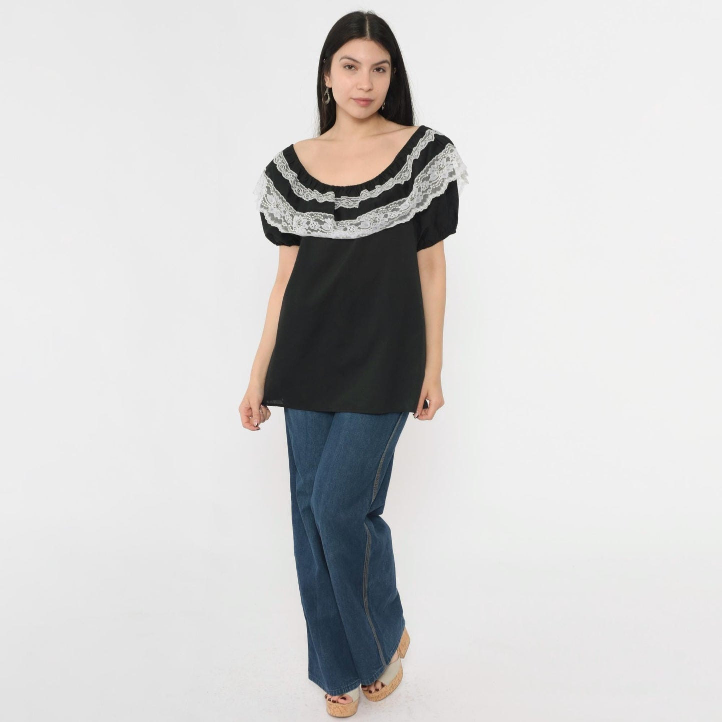 90s Black Peasant Blouse White Lace Trim Off-Shoulder Medium