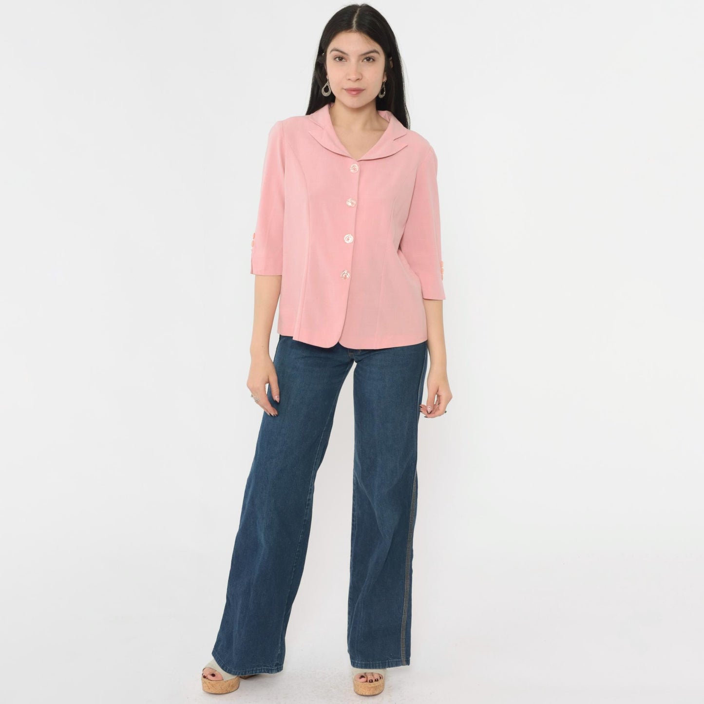90s Pink Button-Down Blouse 3/4 Sleeve Notched Collar Princess Seams Medium Large