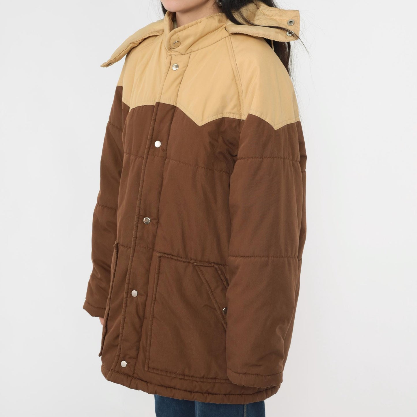 80s Western Puffer Jacket Two Tone Brown Tan Hooded Ski Coat Men's Large L