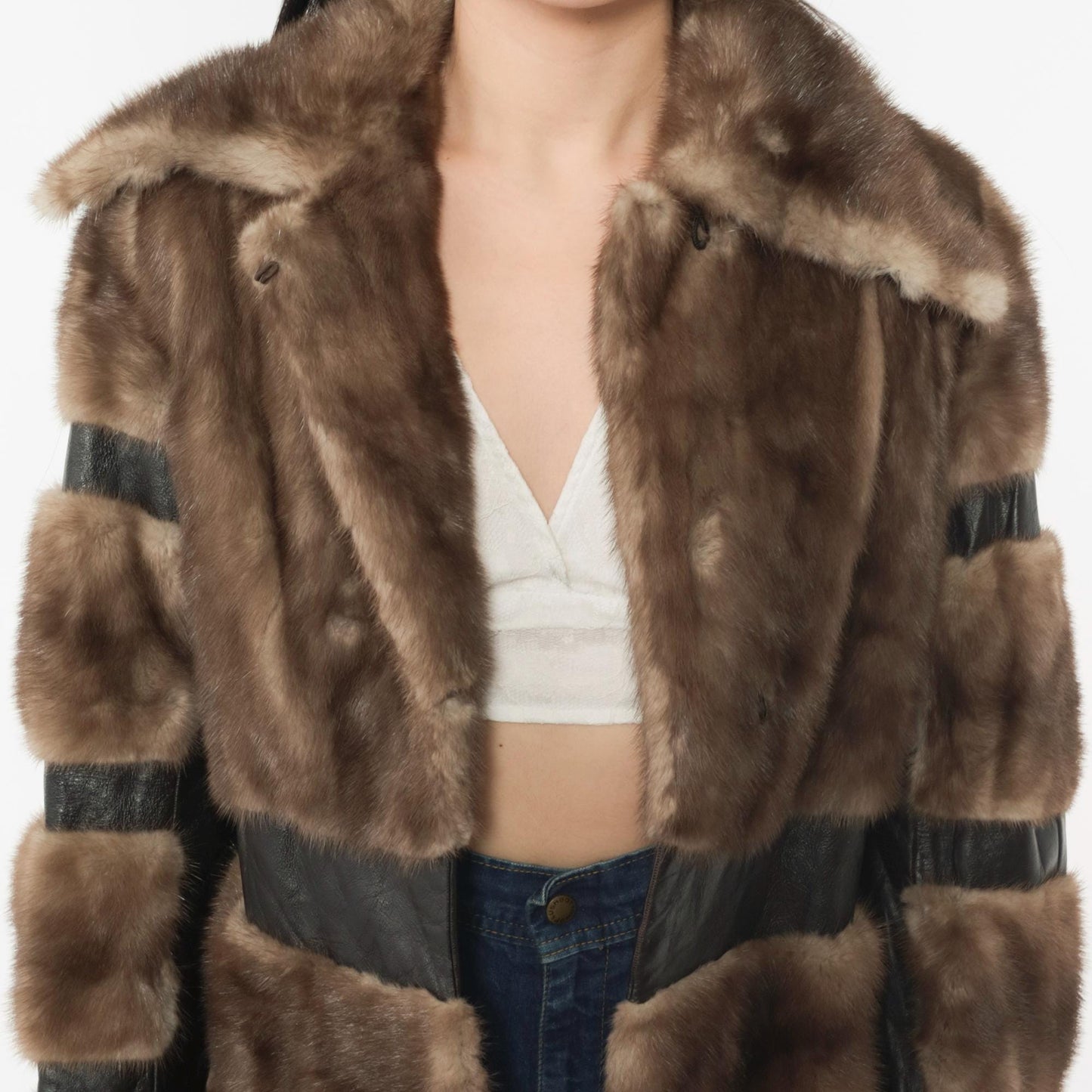 1970s Brown Leather Fur Patchwork Striped Mid-Length Jacket Small S