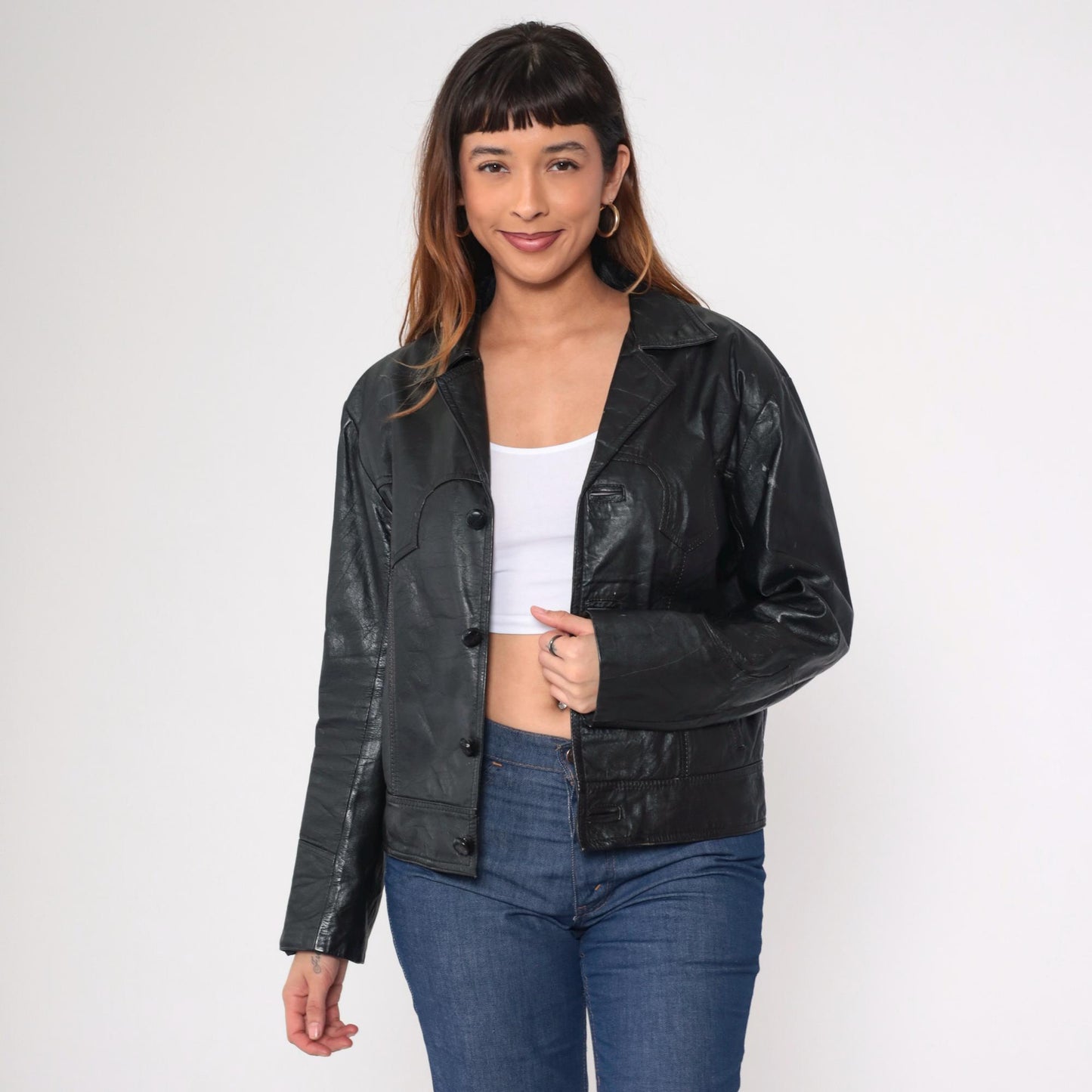 80s Black Leather Motorcycle Jacket Western Yoke Button Front Medium