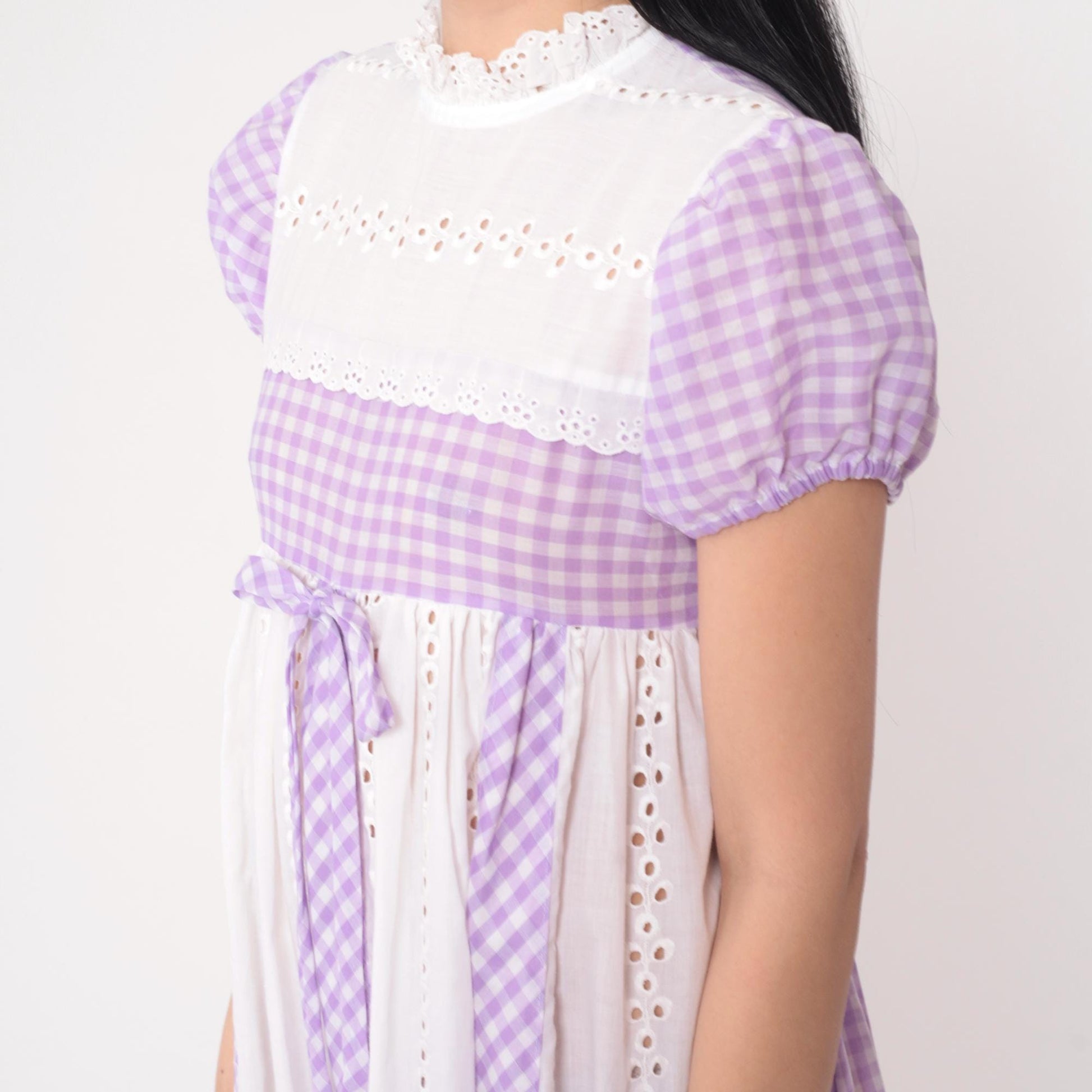 70s Youngland Gingham Maxi Dress Lavender Eyelet Empire Waist Puff Sleeve Extra Small