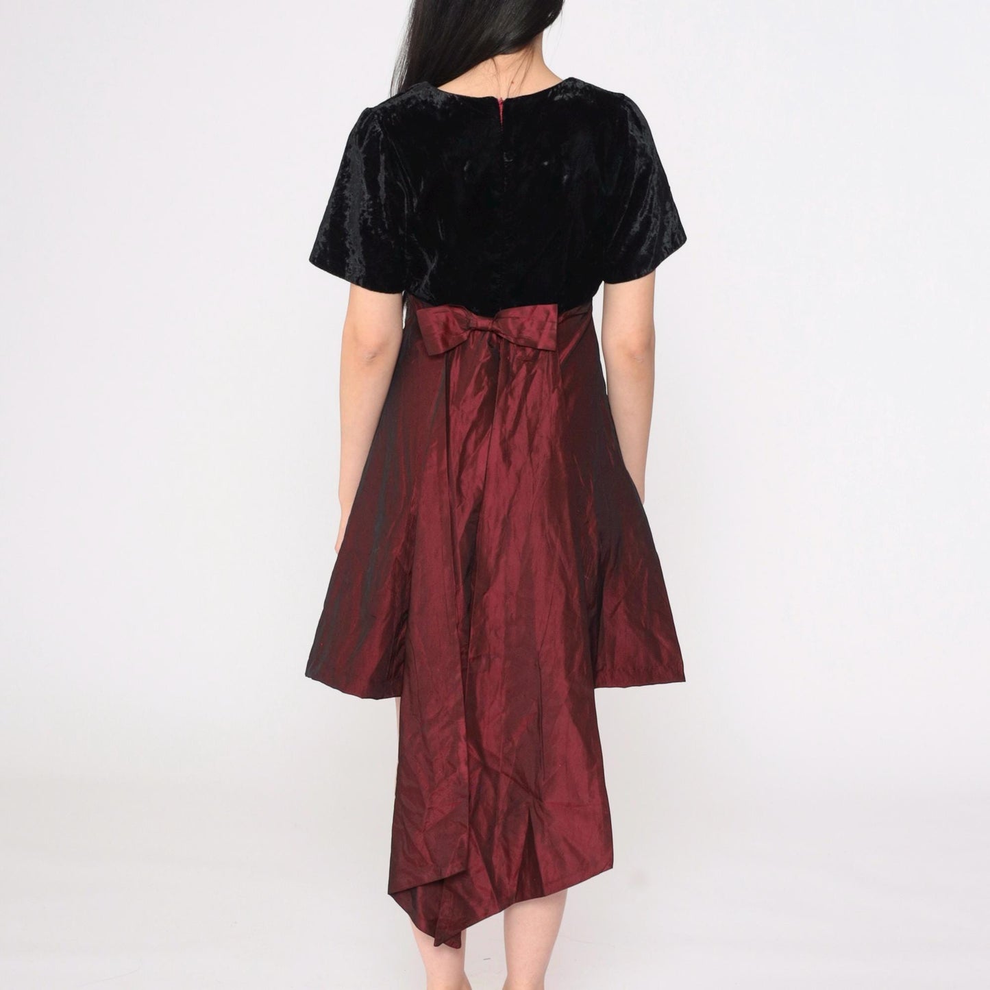 90s Black Velvet Burgundy Taffeta Mini Dress High Waist Bow Back Small S