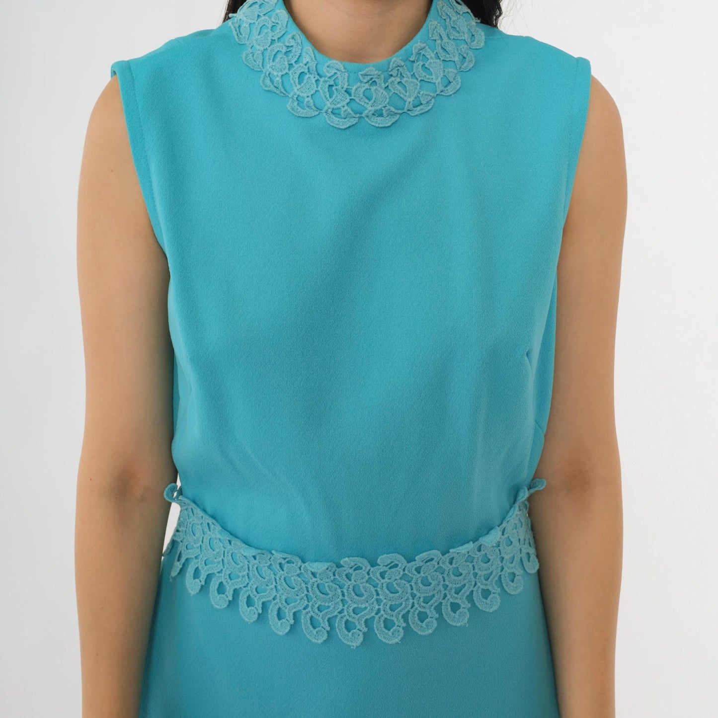 1960s Blue Lace Trim Mock Neck Shift Minidress Small S