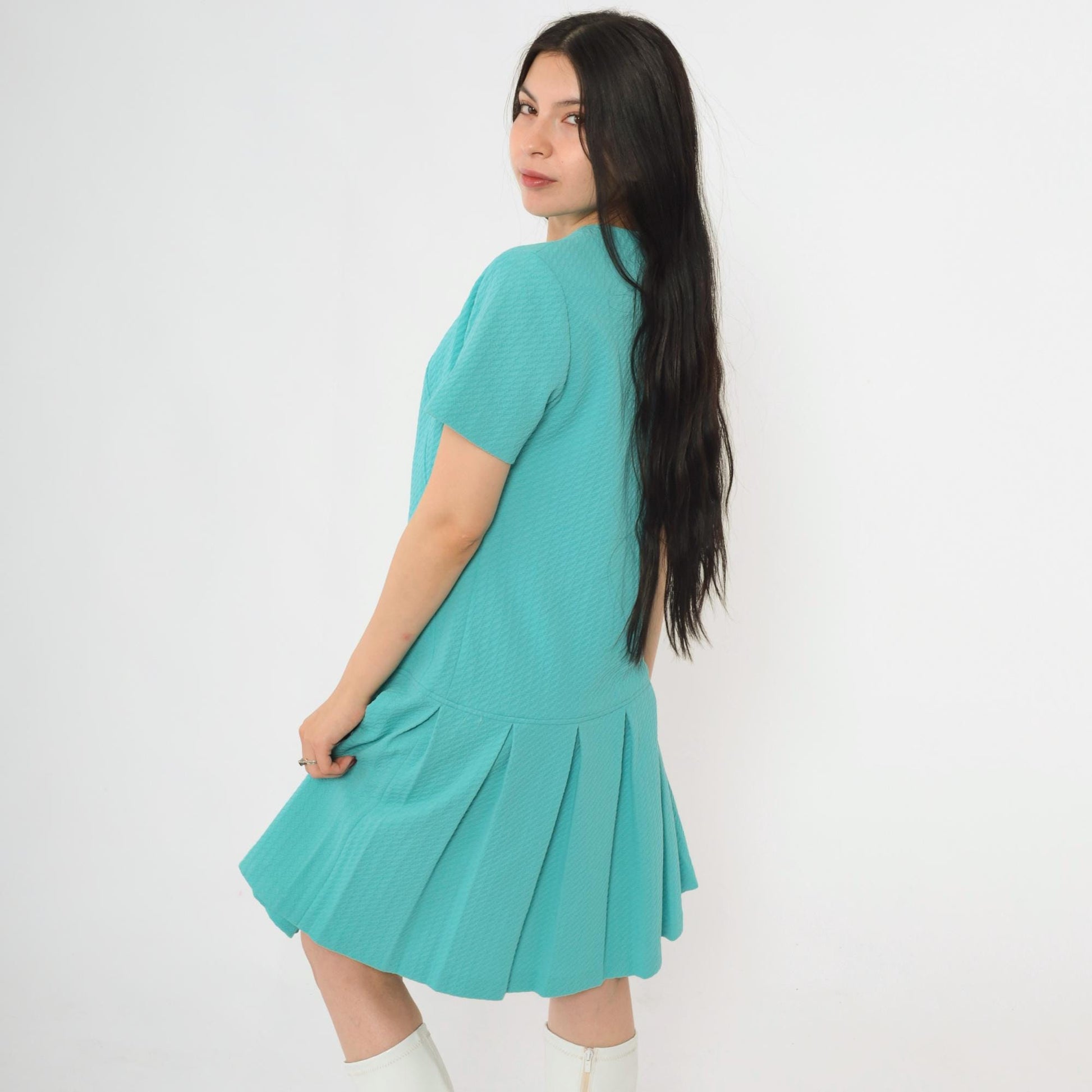 60s Mod Mini Dress Drop Waist Pleated Skirt Turquoise Polyester Small