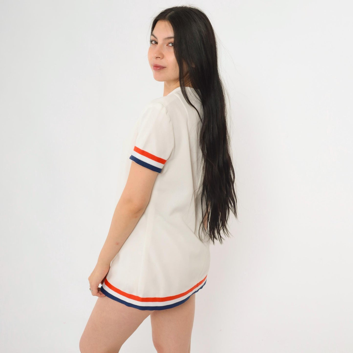 60s Mod Striped Shift Dress White Blue Orange V-Neck Short Sleeve Medium M
