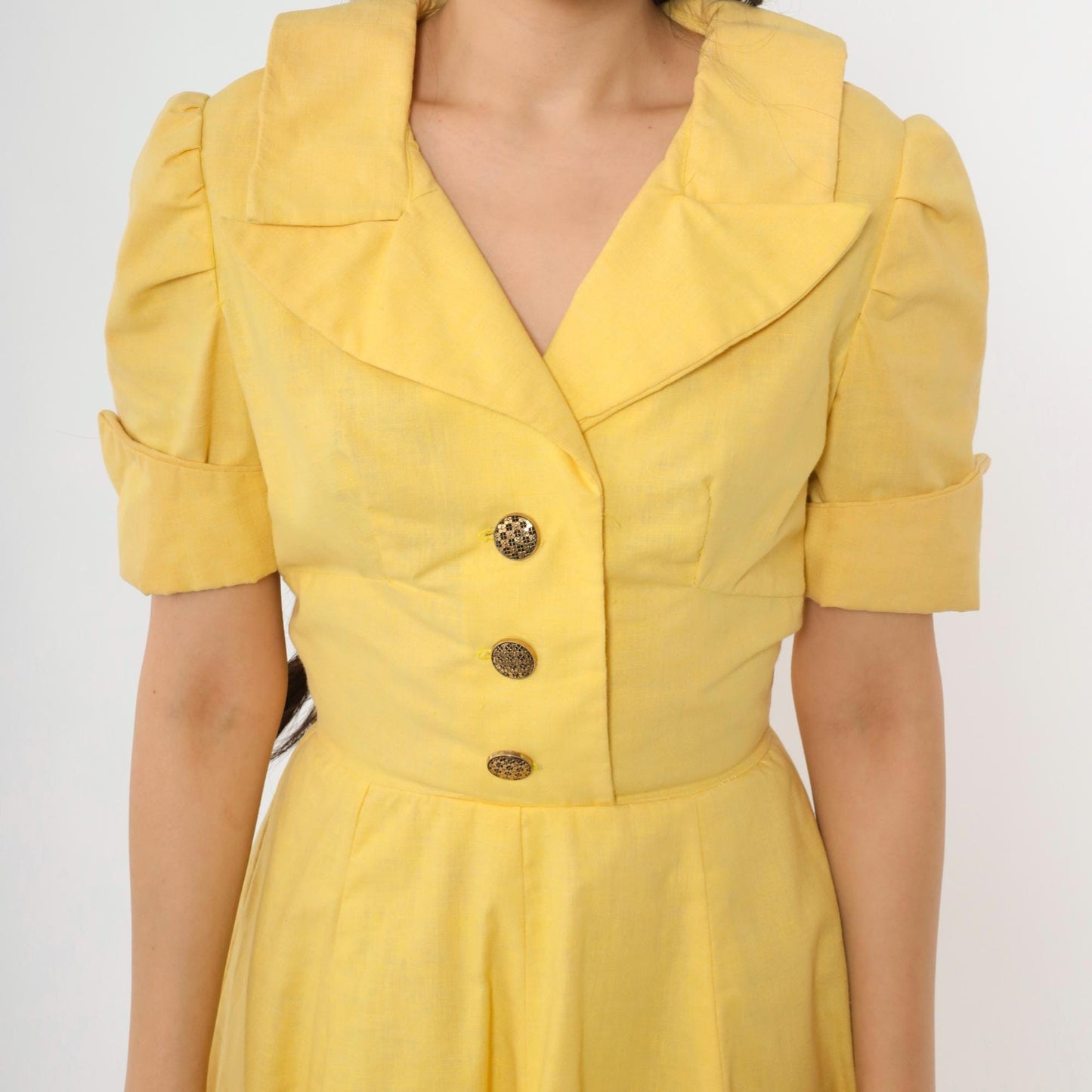 60s Yellow Mod Mini Dress Puff Sleeve Button-Up Collared A-Line Small