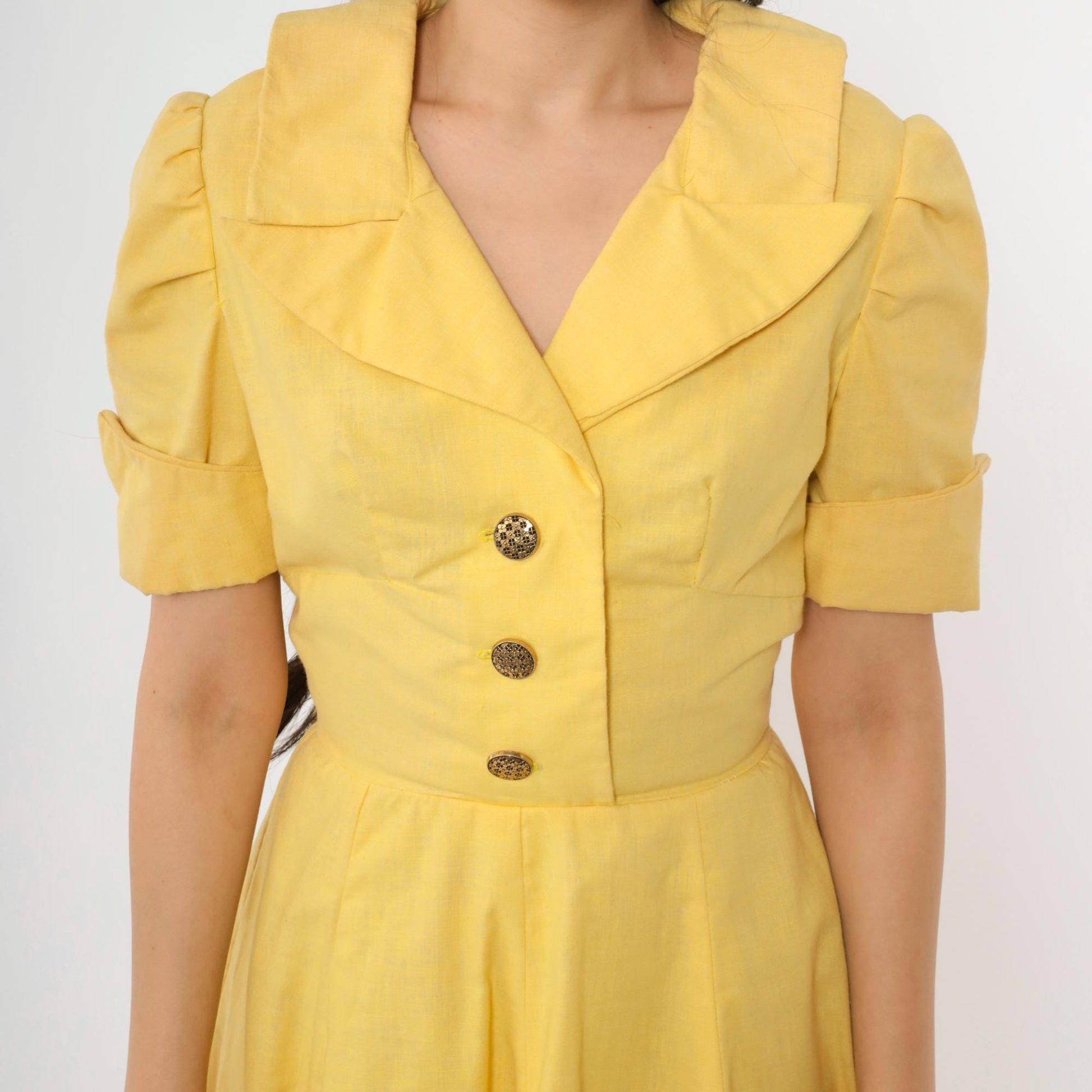 60s Yellow Mod Mini Dress Puff Sleeve Button-Up Collared A-Line Small