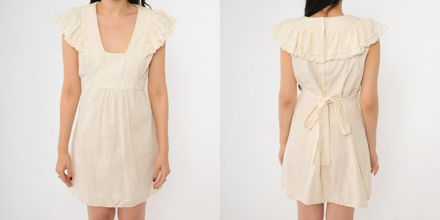 70s Cream Crochet Lace Mini Dress Empire Waist Flutter Sleeve Medium Tall
