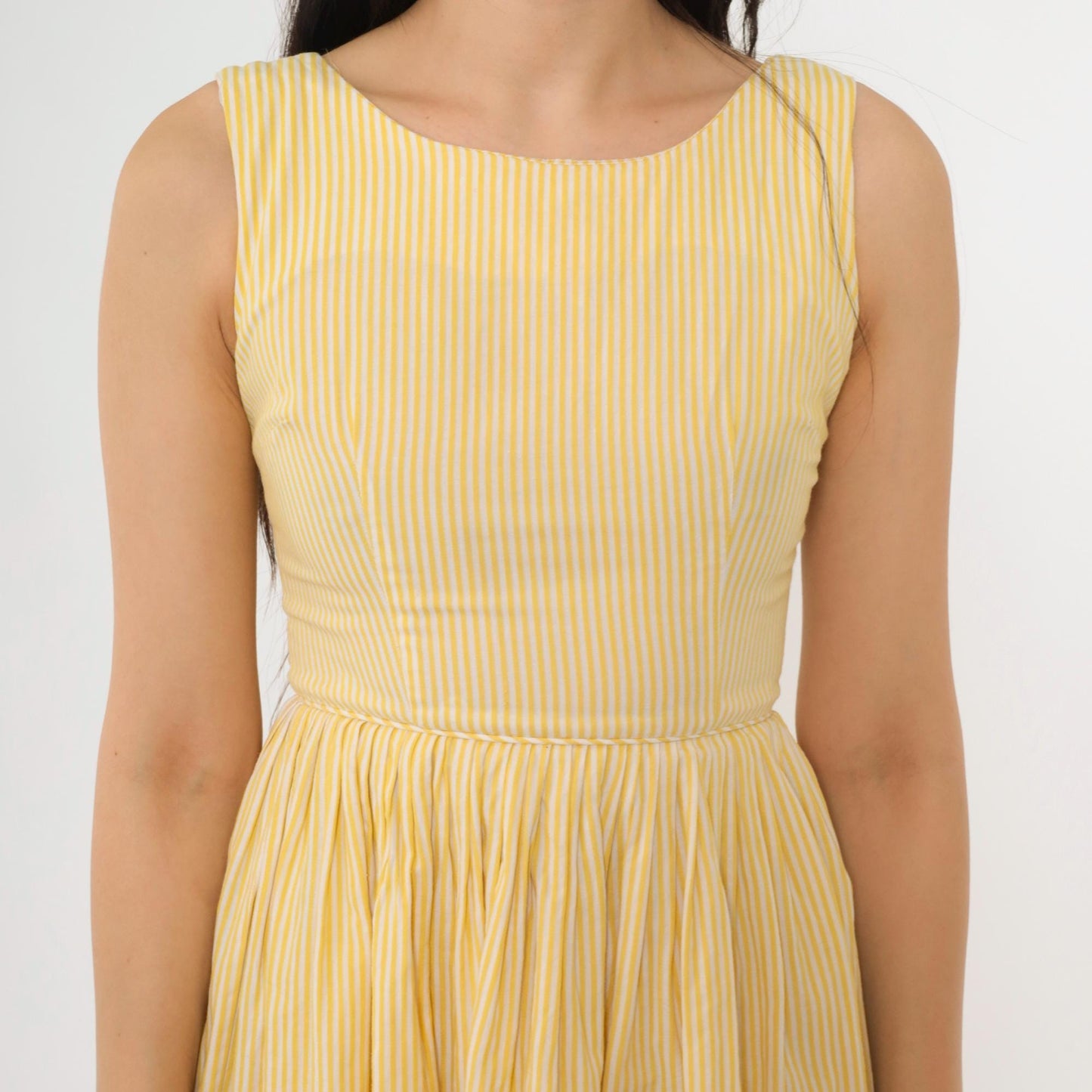 60s Yellow Striped Fit and Flare Mini Dress High Waist Pleated Sleeveless XXS