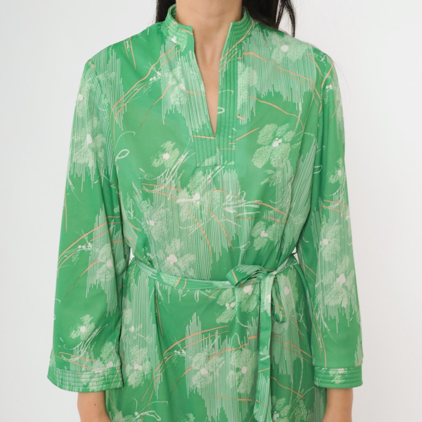 70s Abstract Floral Midi Dress Green Mandarin Collar Side Slit Tie Belt Large