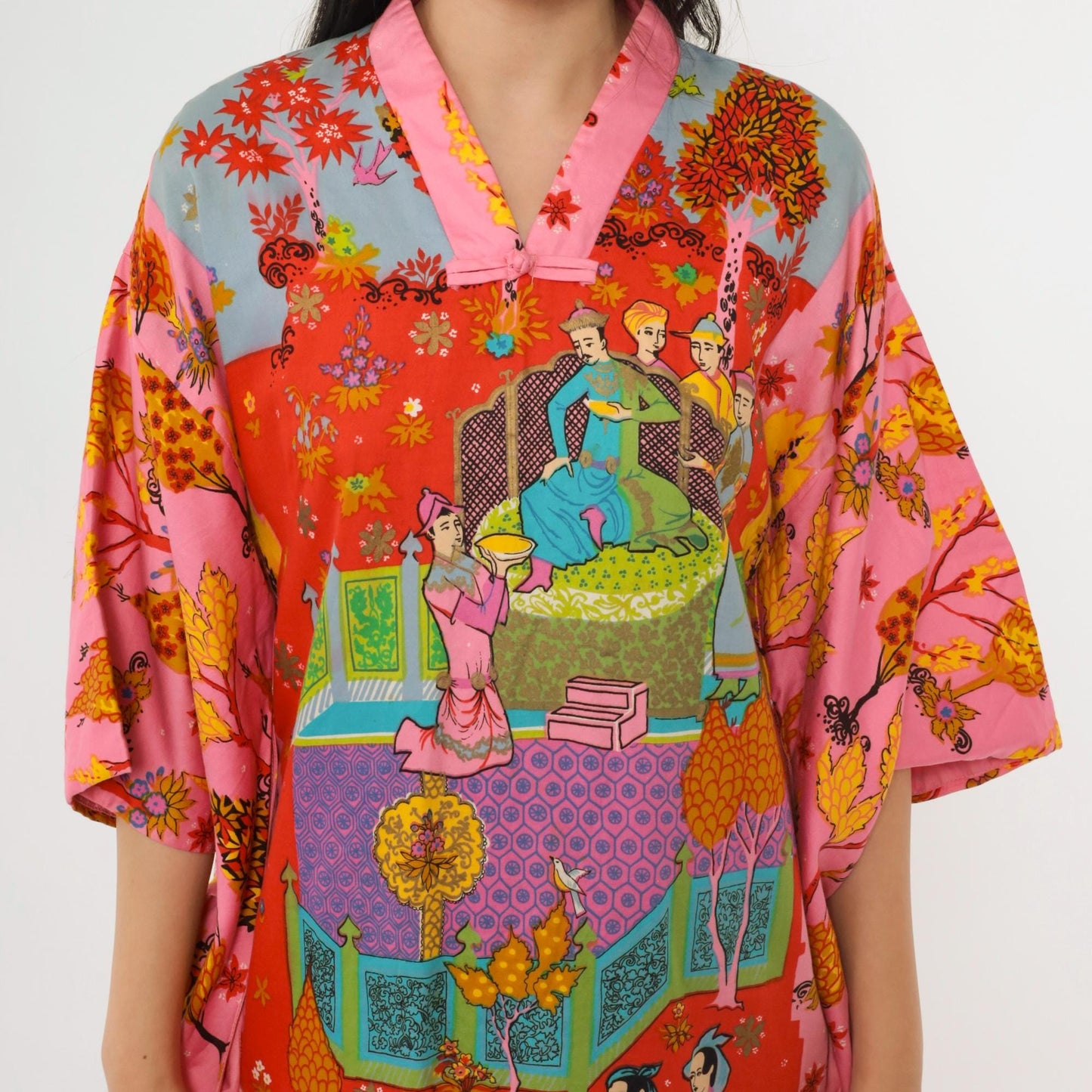 70s Alice Polynesian Kaftan Dress Bell Sleeve Asian Court Print Red Pink Small