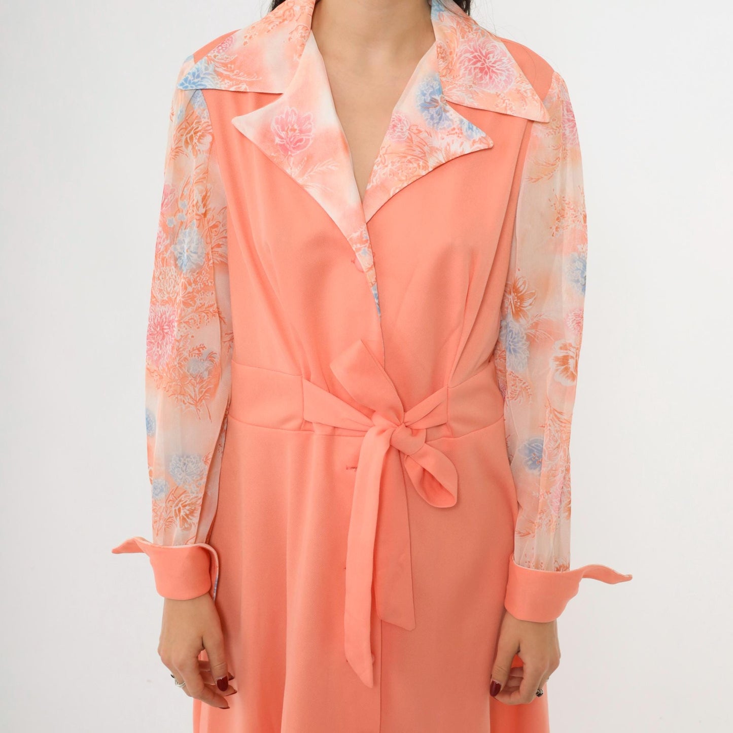 70s Peach Floral Button-Up Midi Dress High Waist Long Sleeve Collared Large L