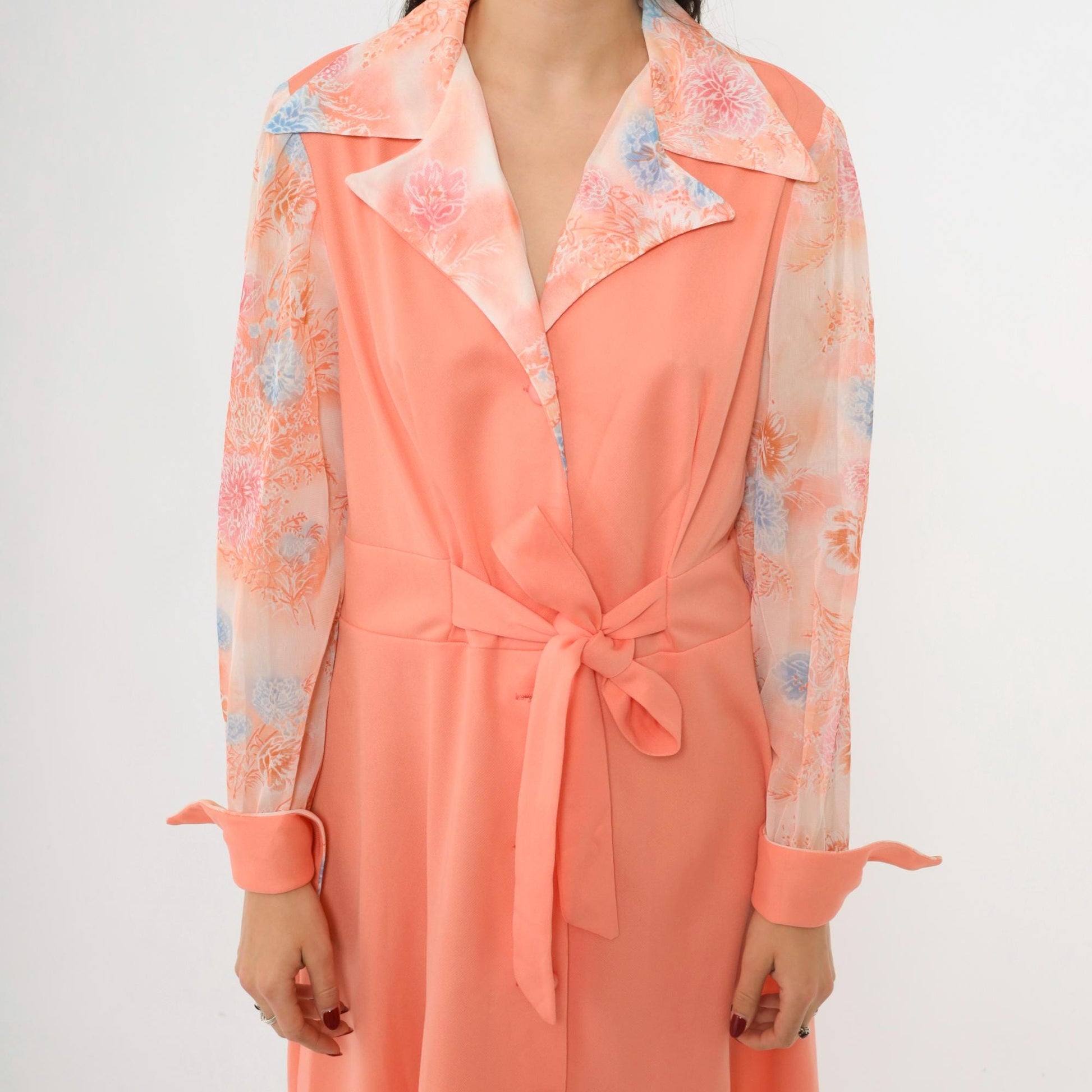 70s Peach Floral Button-Up Midi Dress High Waist Long Sleeve Collared Large L