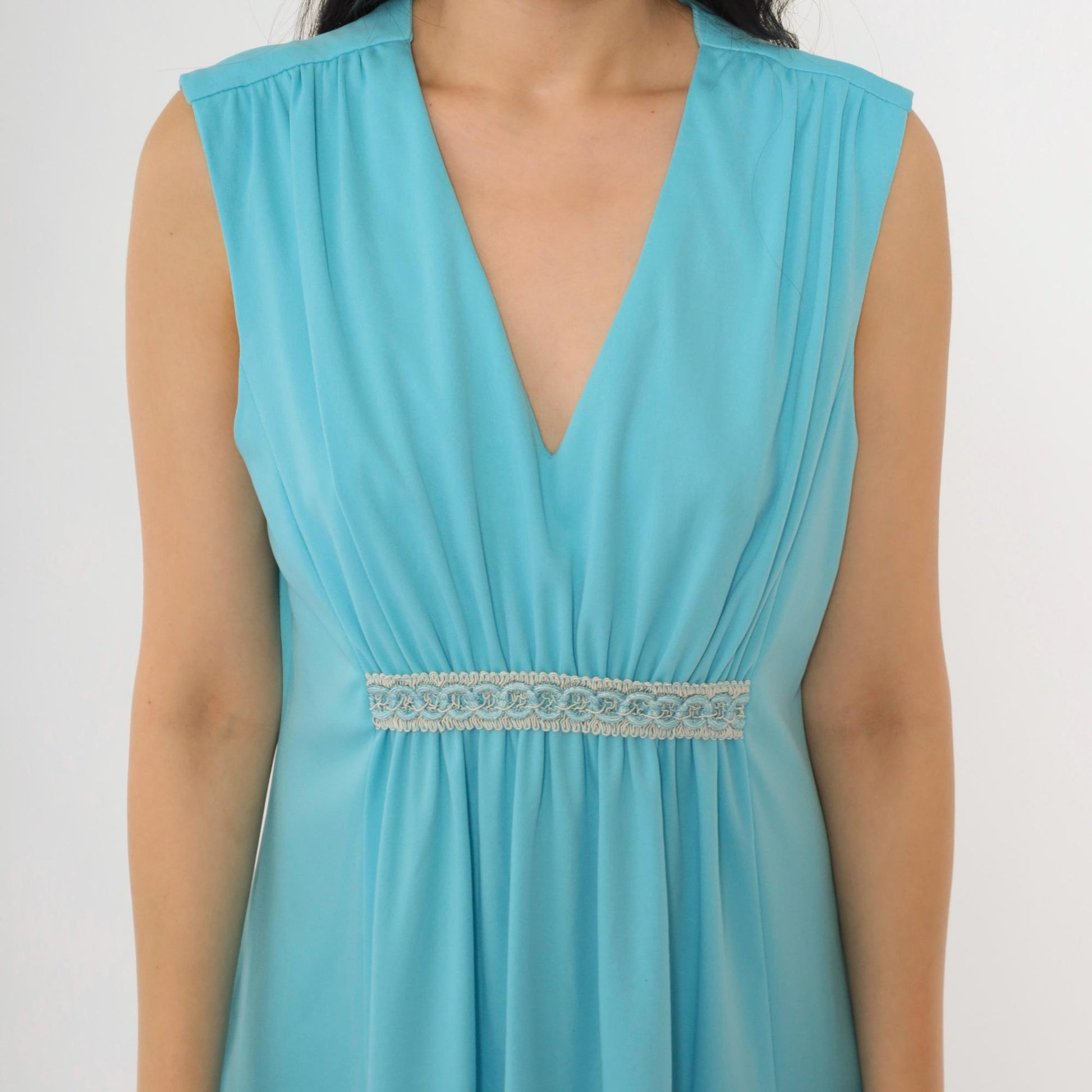 70s Blue Grecian Midi Dress Empire Waist Embroidered V Neck Sleeveless Medium