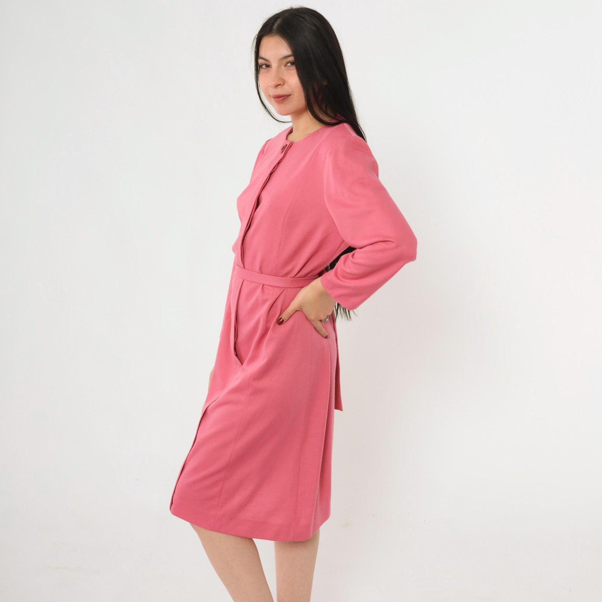 70s Pink Button-Up Shirtdress A-Line Midi Puff Sleeve Tie Belt Large