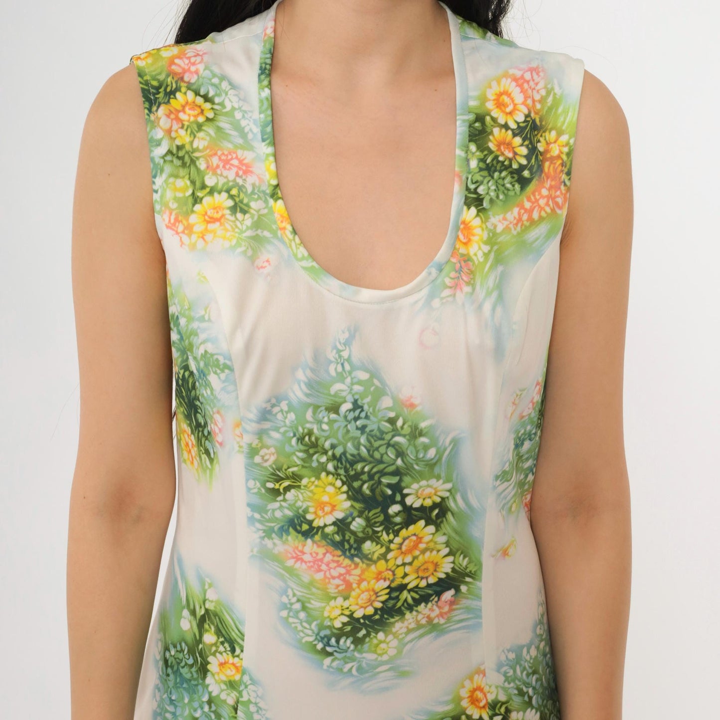70s White Floral Print Sleeveless Dress Green Yellow Midi A-Line Medium 8
