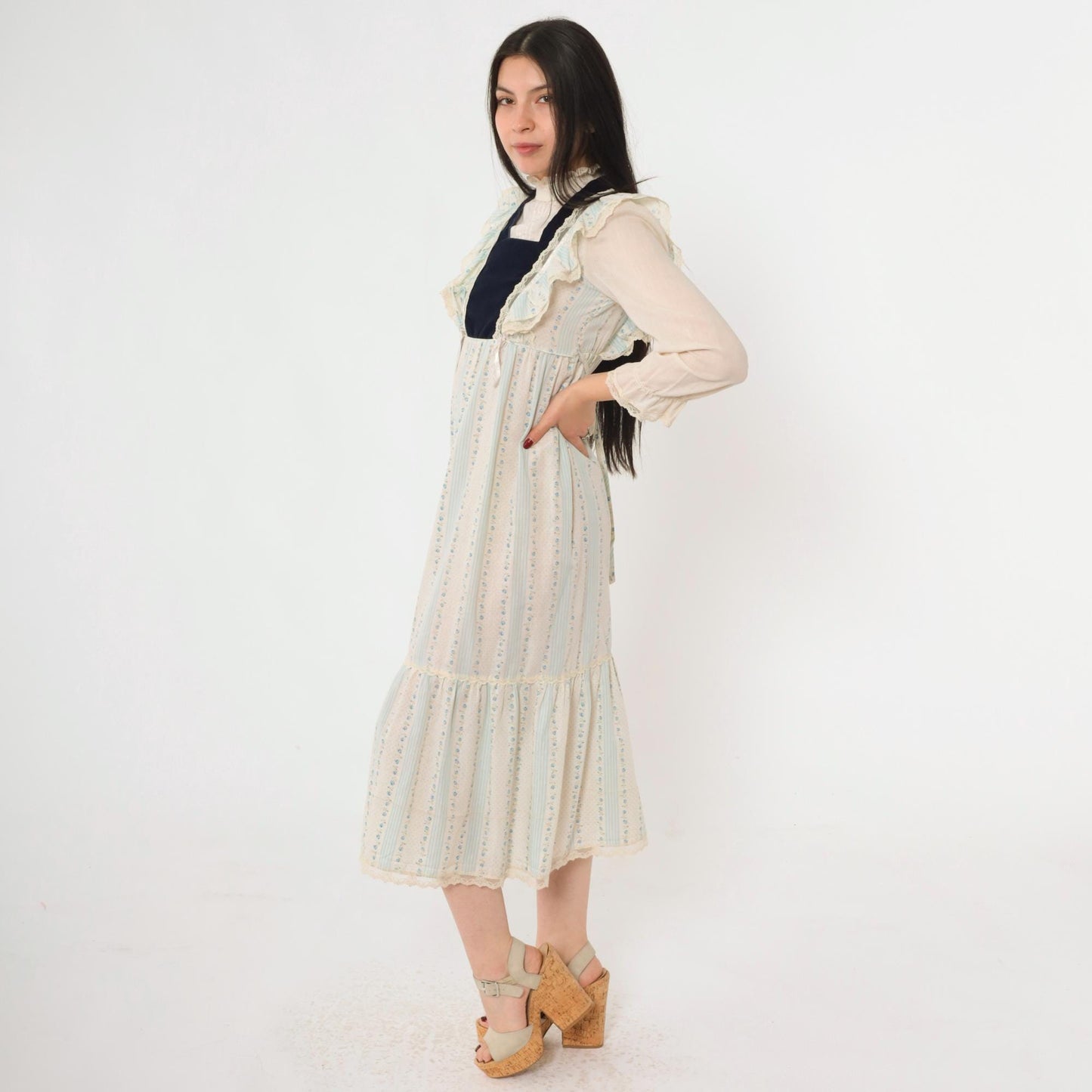 70s Prairie Midi Dress Blue Floral Velvet Bib Lace Ruffle High Neck XXS
