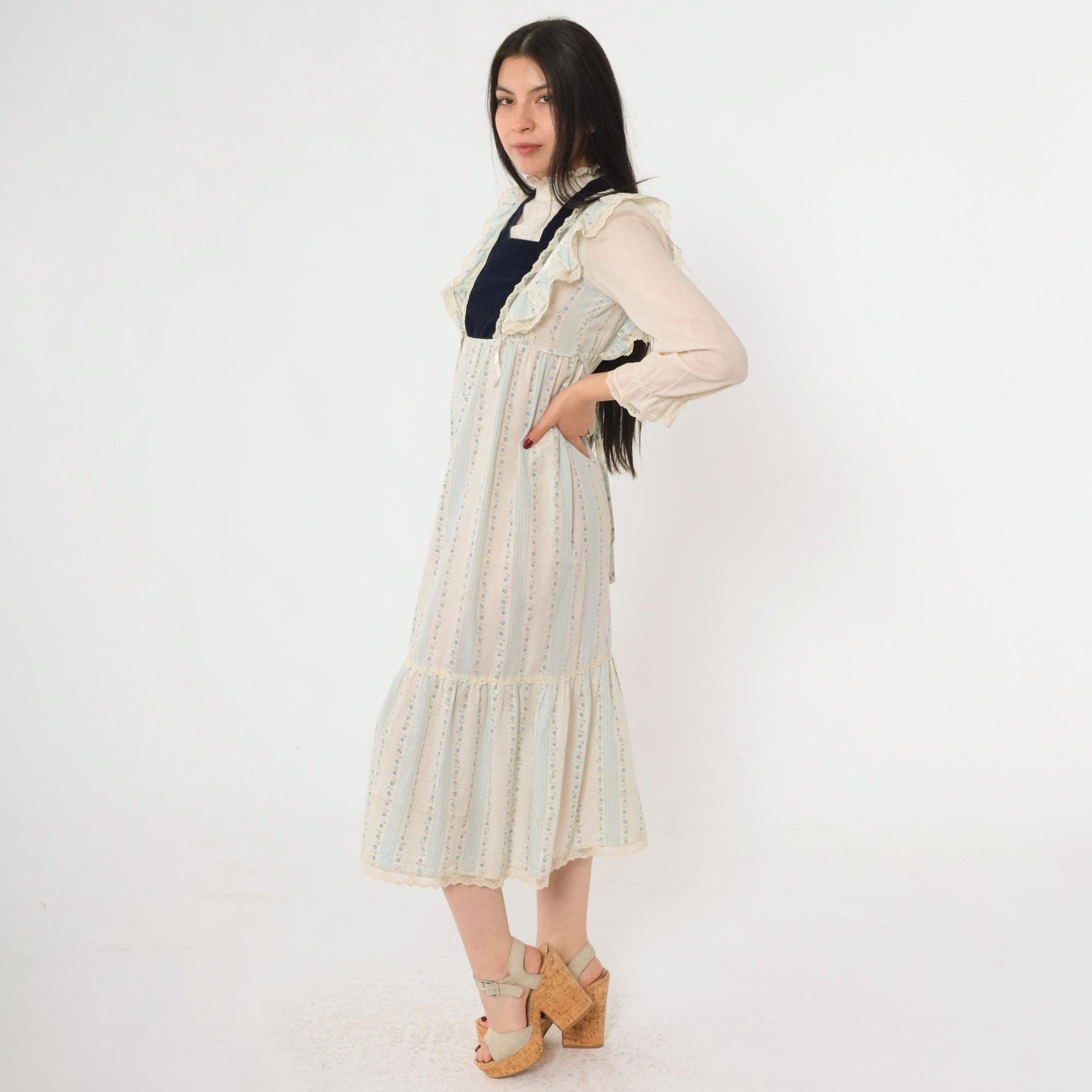 70s Prairie Midi Dress Blue Floral Velvet Bib Lace Ruffle High Neck XXS
