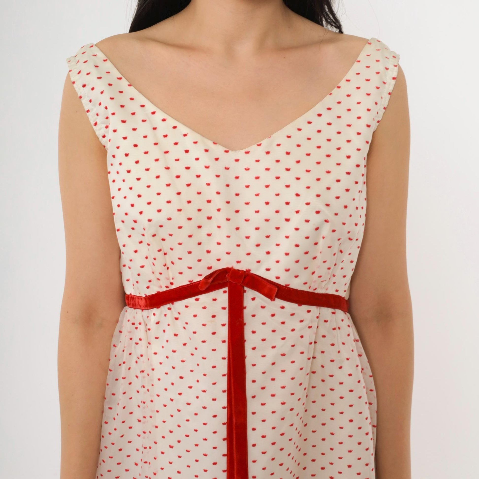 60s White Party Dress Flocked Crown Dot Print Red Velvet Bow Empire Waist Mini Medium