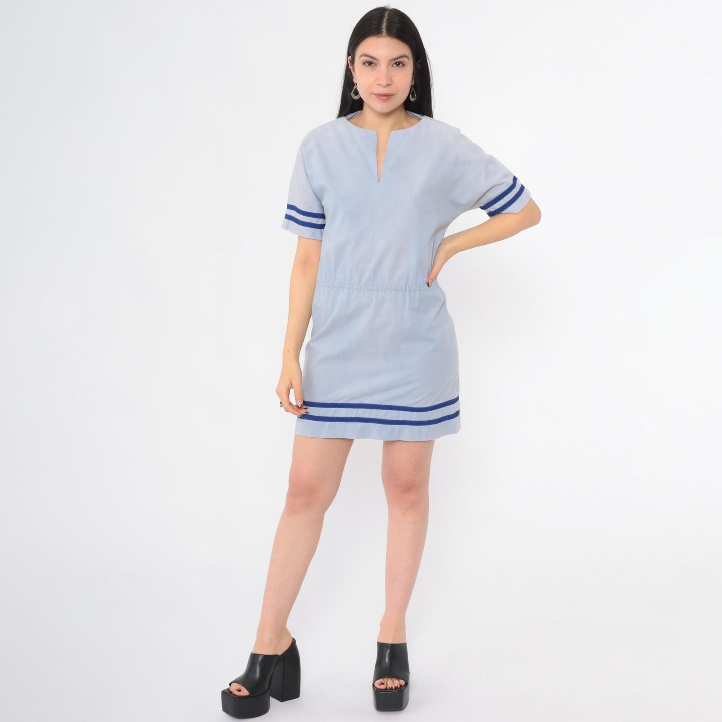 1970s Blue Striped V-Neck Mini Dress High Waist Short Sleeve Small