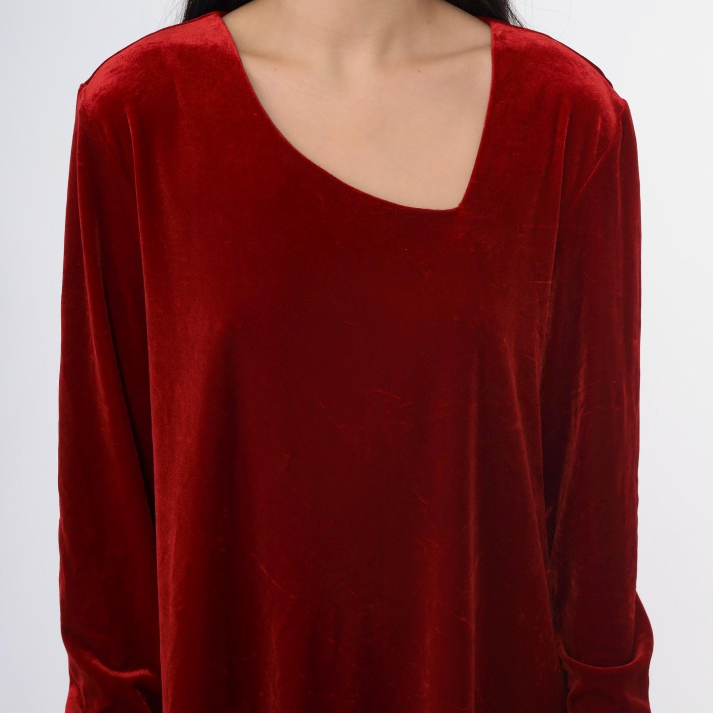 90s Red Velvet Shift Dress Asymmetrical Neckline Long Sleeve Knee Length Medium