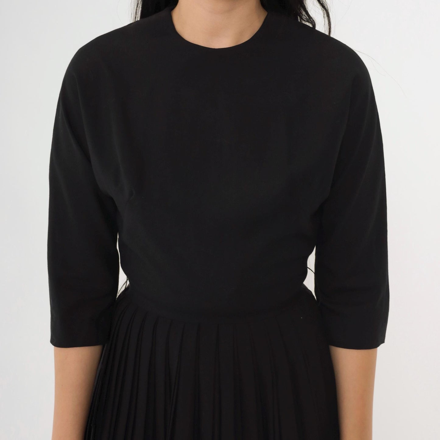60s Howard Wolf Black Pleated Cocktail Dress 3/4 Sleeve Tailored Extra Small XS